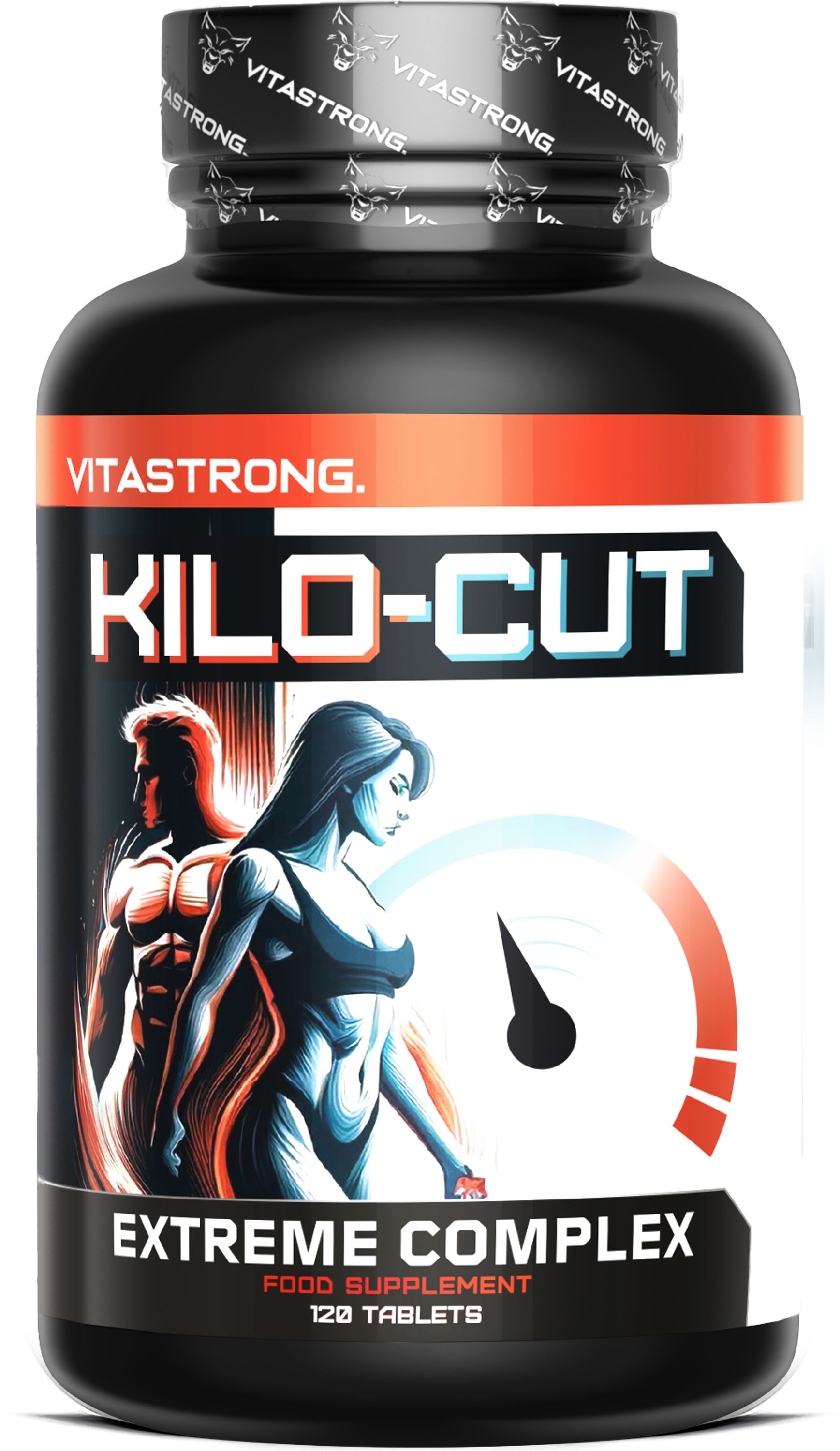 Vitastrong Kilo-Cut Dose mit Abbildung eines Mannes und einer Frau, Waage und Text.