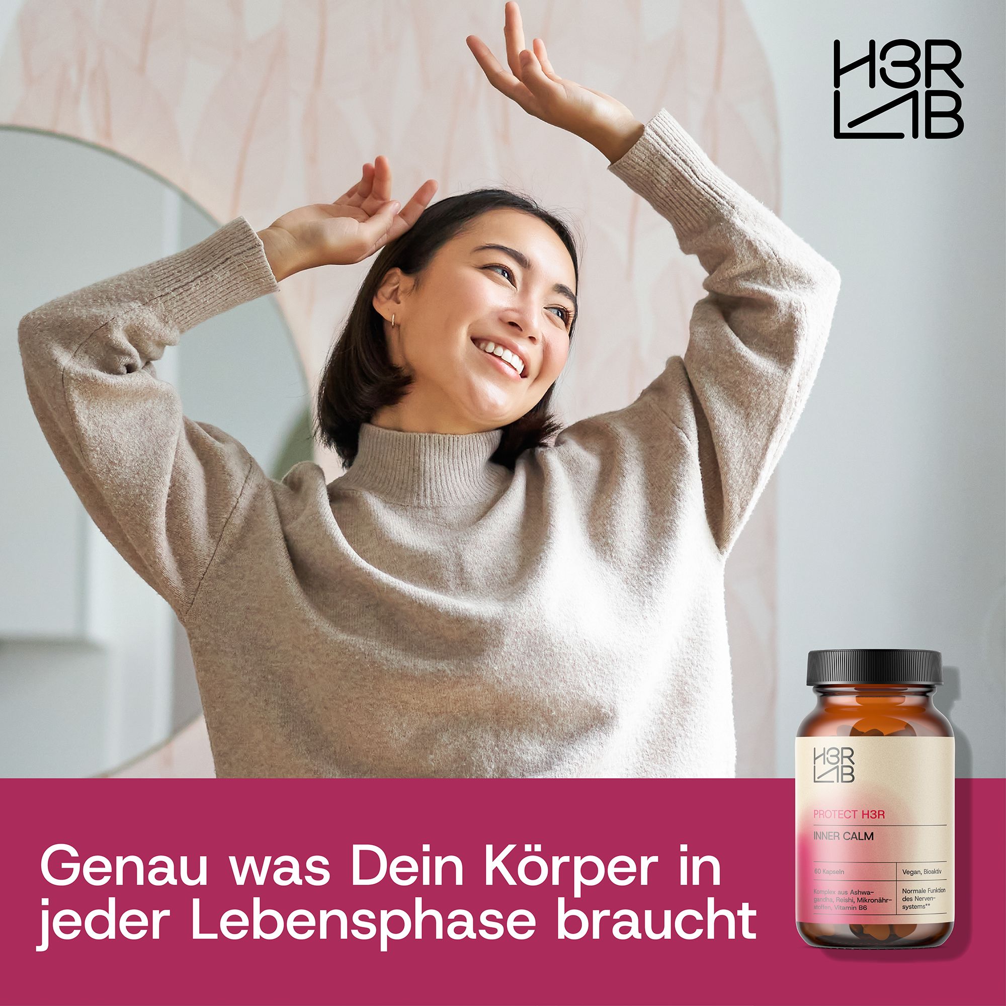 H3R LAB Inner Calm – Ashwagandha & Reishi mit Vitamin B6 & Pantothensäure, vegan – 60 Kapseln