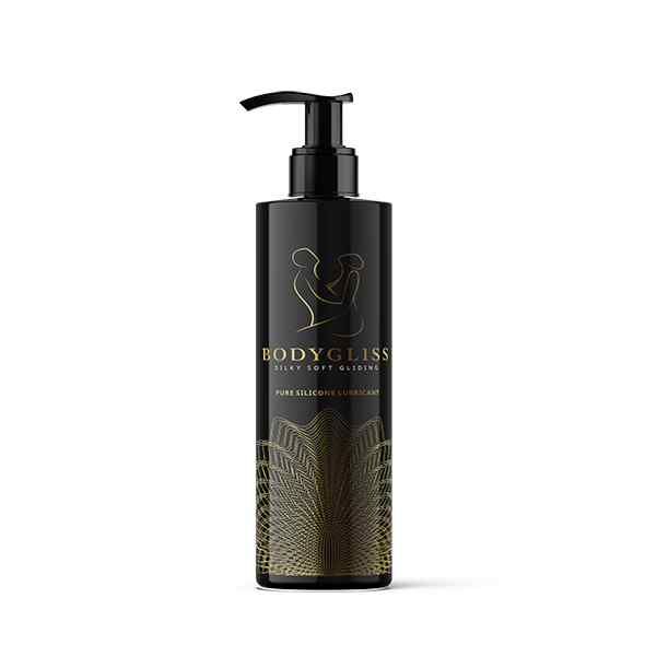 Schwarze Flasche mit Dosierpumpe. Goldfarbene Schriftzüge und Illustrationen. Produktname und "Silky Soft Gliding" sichtbar.
