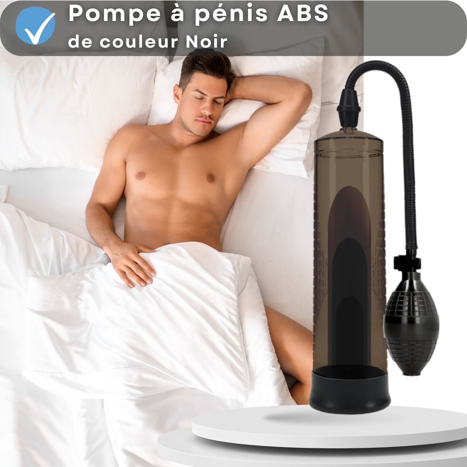 Image avec texte: Pompe à pénis ABS, noire, pression via poire, jusqu'à 20 cm, aide à l'érection.