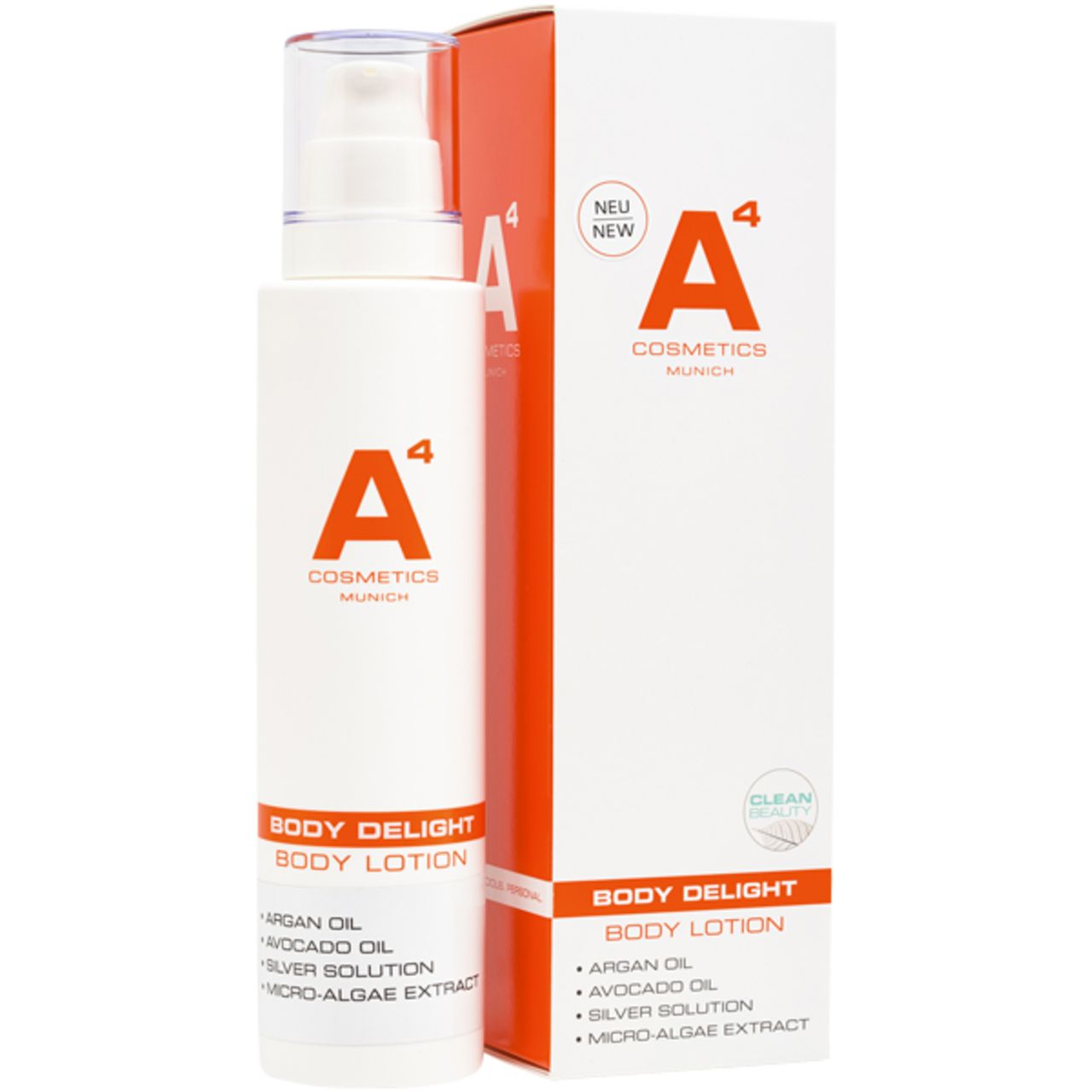 Weiße Lotionflasche mit orangefarbener Verpackung. Produktname: Body Delight Body Lotion. Enthält Arganöl, Avocadoöl, Silberlösung.
