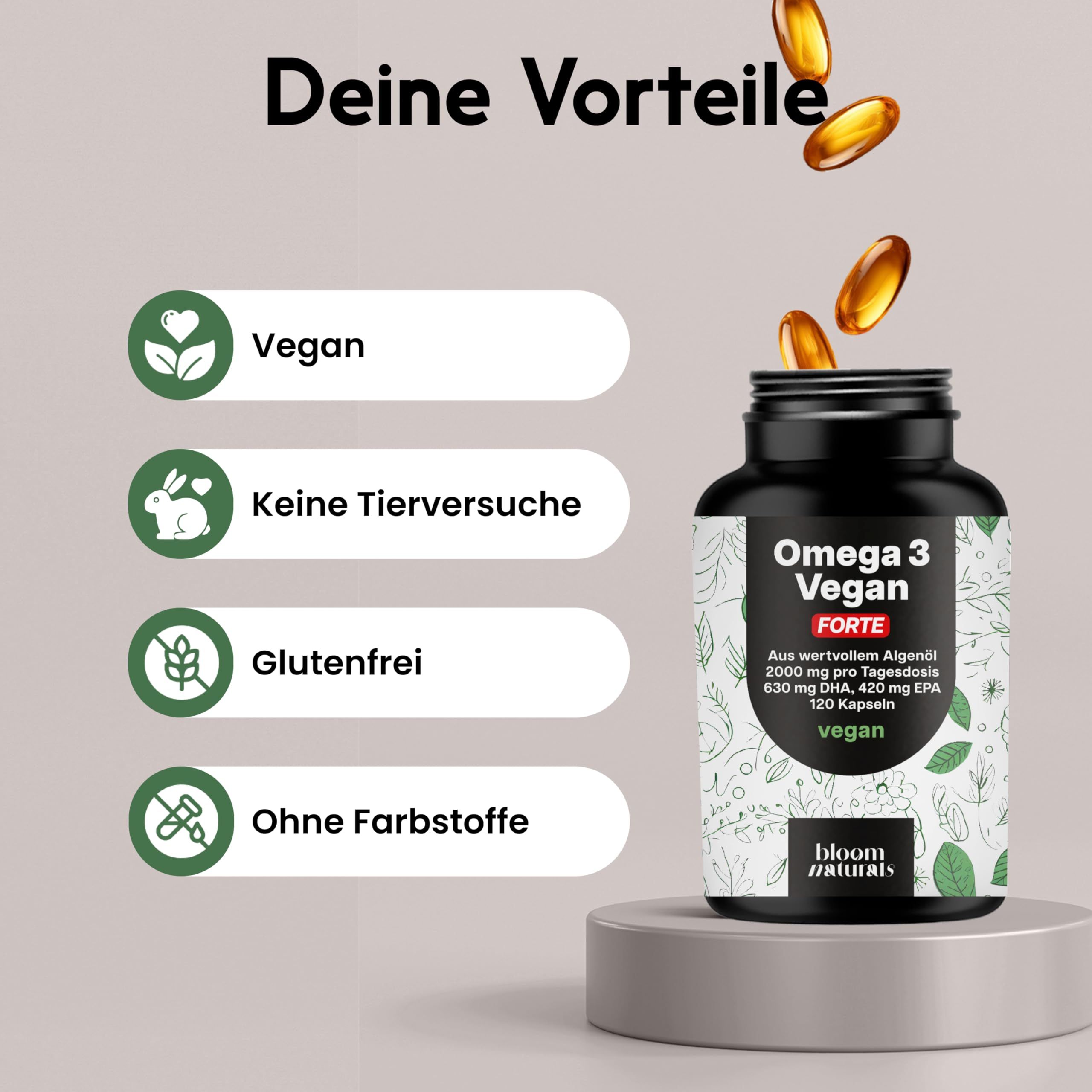 Flasche mit Kapseln. Text: Deine Vorteile. Vegan, keine Tierversuche, glutenfrei, ohne Farbstoffe. Omega 3 Vegan Forte.