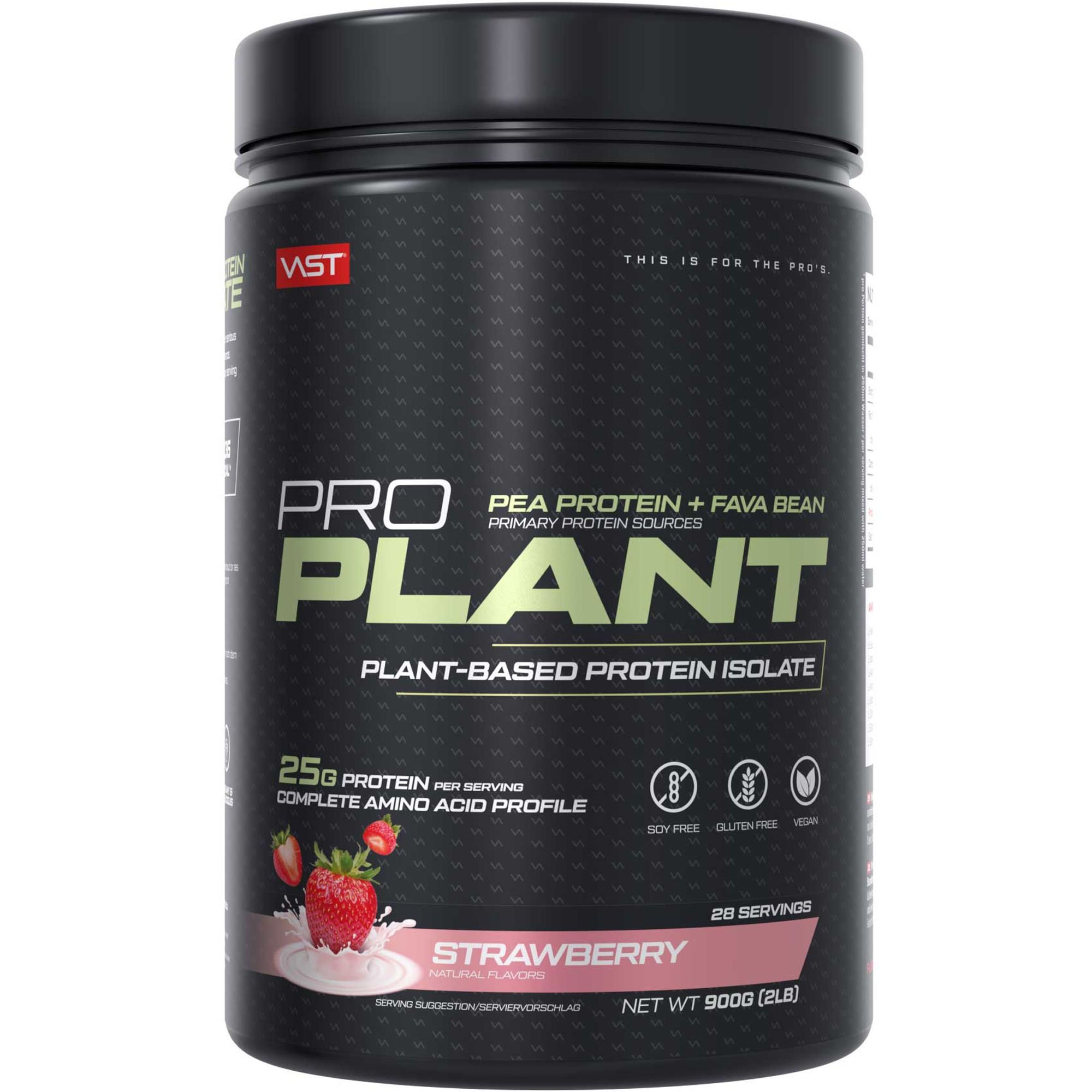 Schwarze Dose mit "PRO PLANT"-Aufdruck. Text: "Pea Protein + Fava Bean". Erdbeer-Geschmack. 25g Protein pro Portion. 900g.