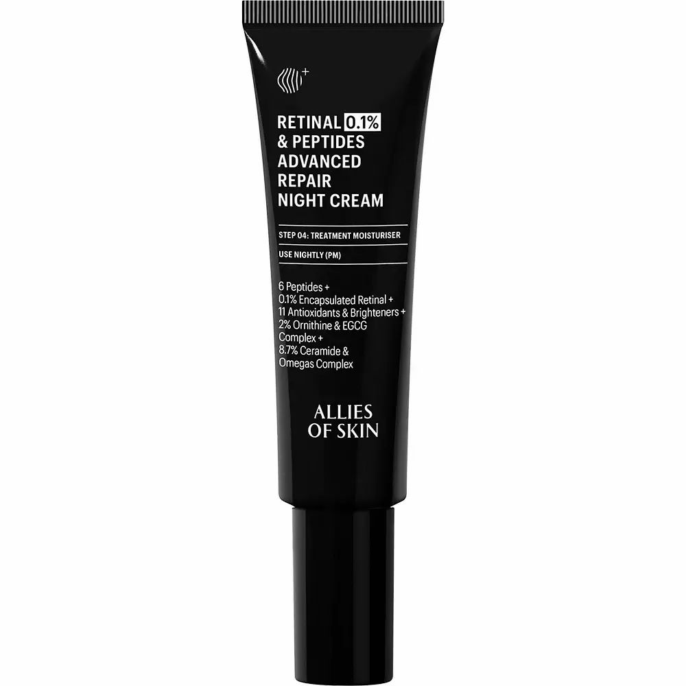 Schwarze Tube mit weißem Text. Produktname: Retinal 0,1% & Peptides Advanced Repair Night Cream. Marke: ALLIES OF SKIN.