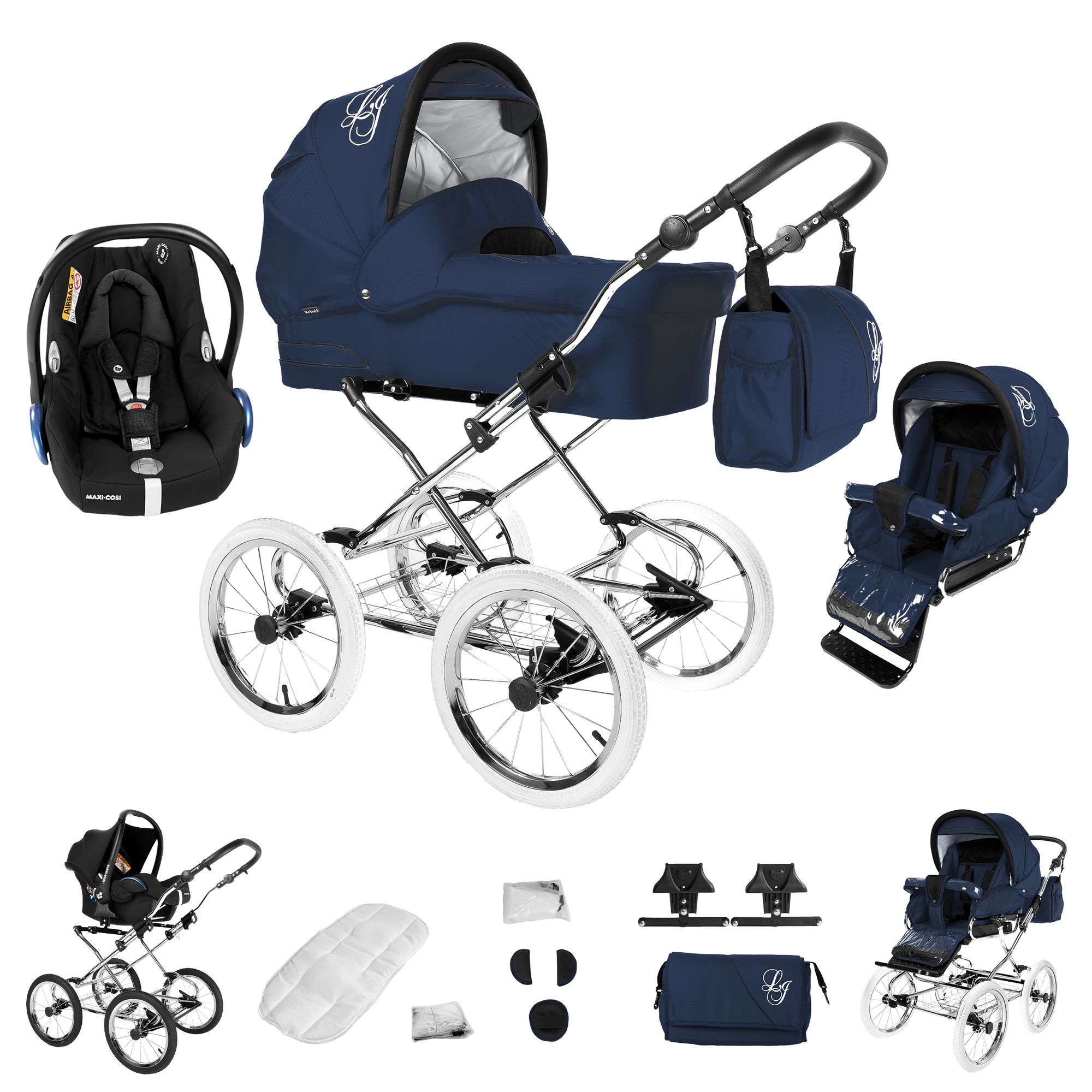 Blauer Kinderwagen mit weißem Gestell, Zubehör: Babyschale, Tasche, Sitzeinheit. Räder mit weißen Reifen. Logo auf Tasche und Verdeck.