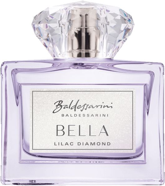 Flakon mit lilafarbener Flüssigkeit, quadratisch, mit Diamant-Deckel. Aufschrift: Baldessarini, BELLA, LILAC DIAMOND.