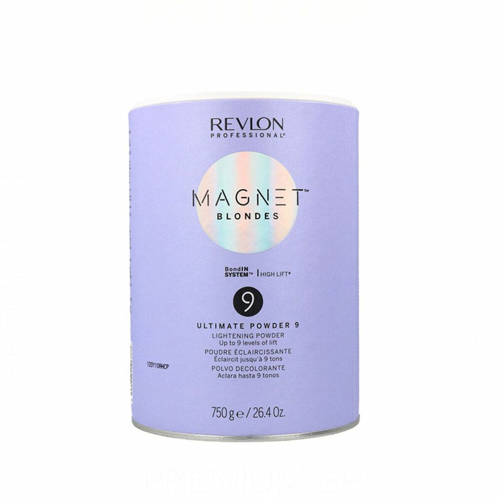 Zylindrische Dose mit Produkt. Aufschrift: Revlon Professional, Magnet Blondes, Ultimate Powder 9. Inhalt: 750g/26.4 Oz.