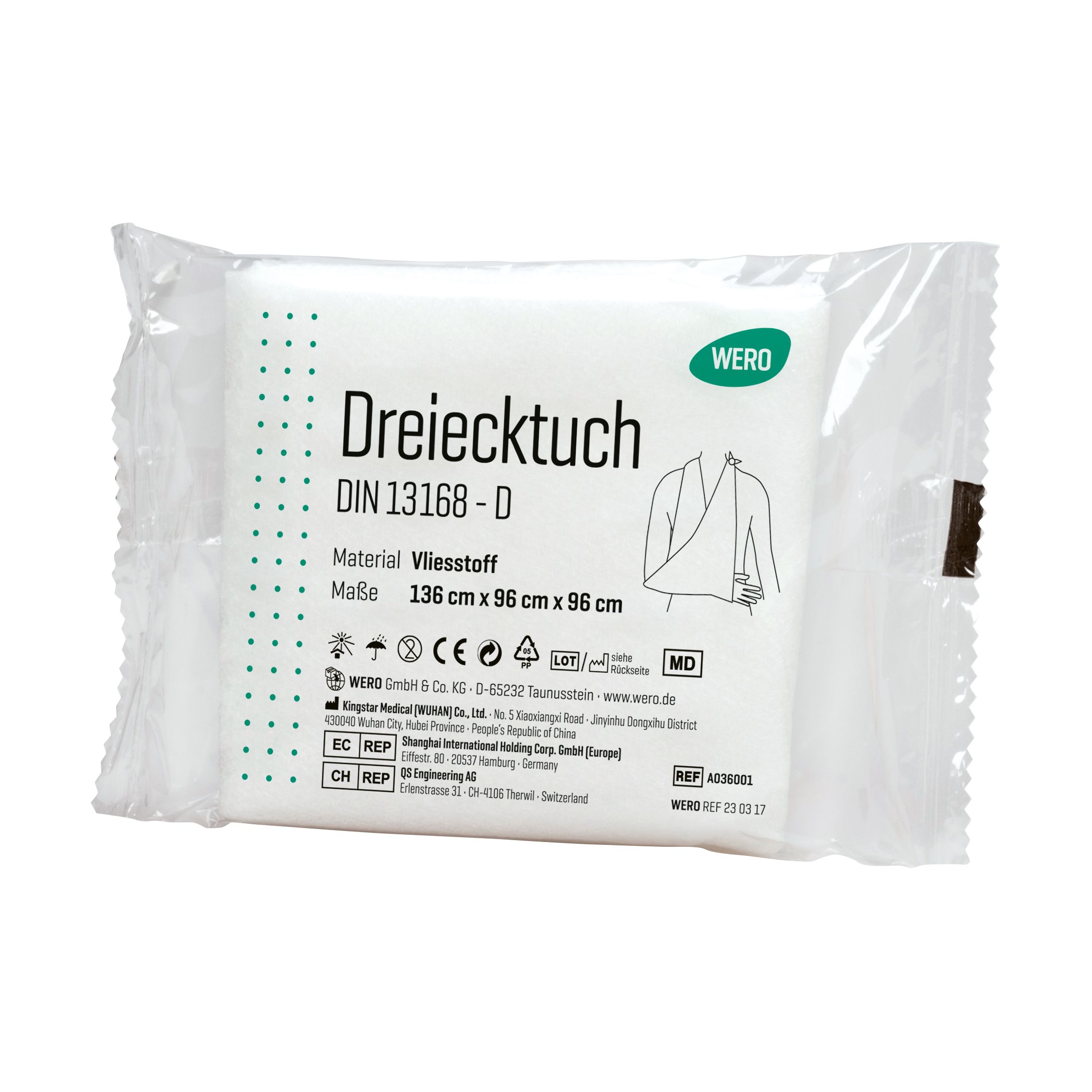 Verpacktes Dreiecktuch aus Vliesstoff. Maße: 136 cm x 96 cm x 96 cm. Mit CE-Kennzeichnung und MD-Symbol. Herstellerinformationen.