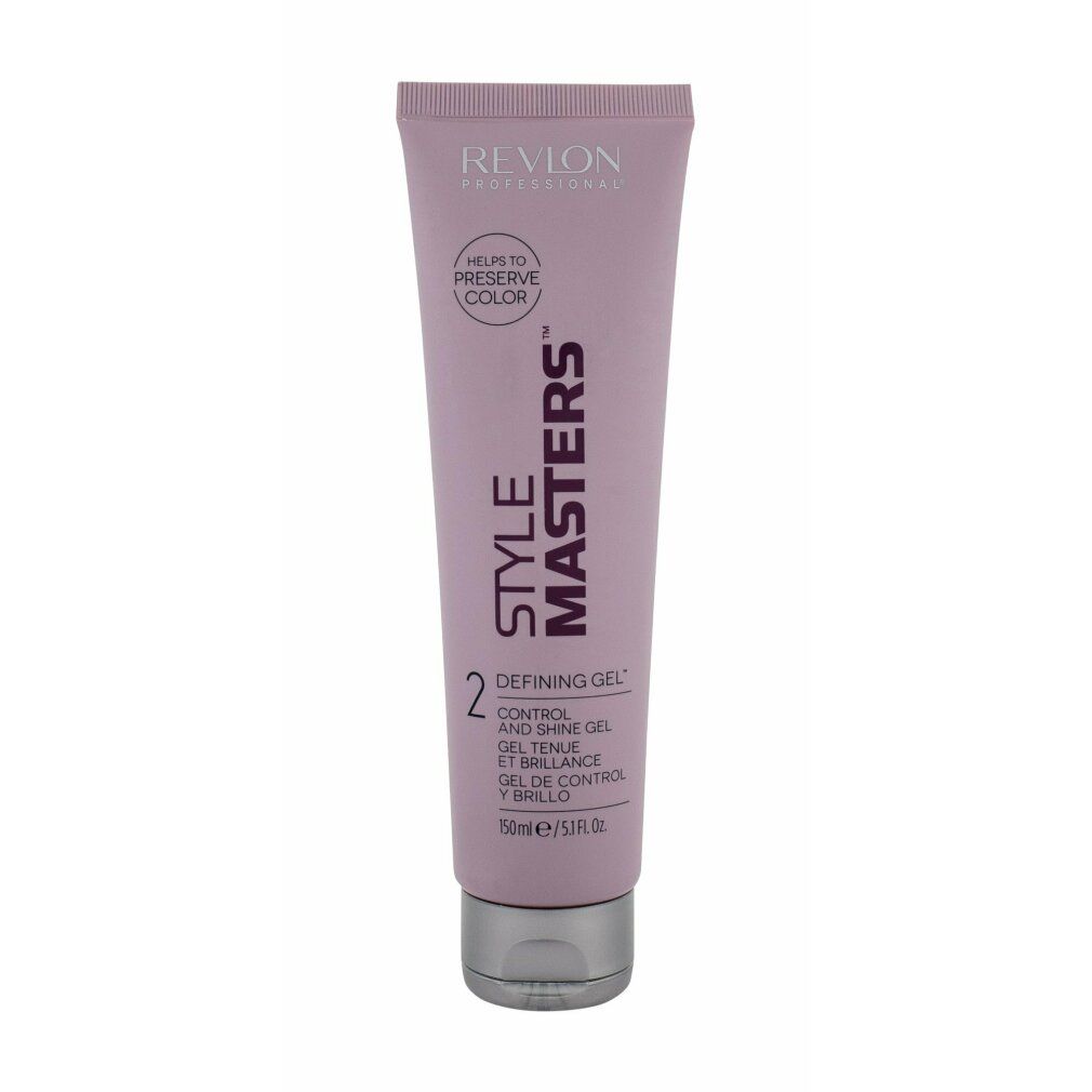 Revlon Style Masters Defining Gel Tube. Helllila Tube mit silberner Kappe. Text: Revlon, Style Masters, Defining Gel, 150ml/5.1 fl.oz.