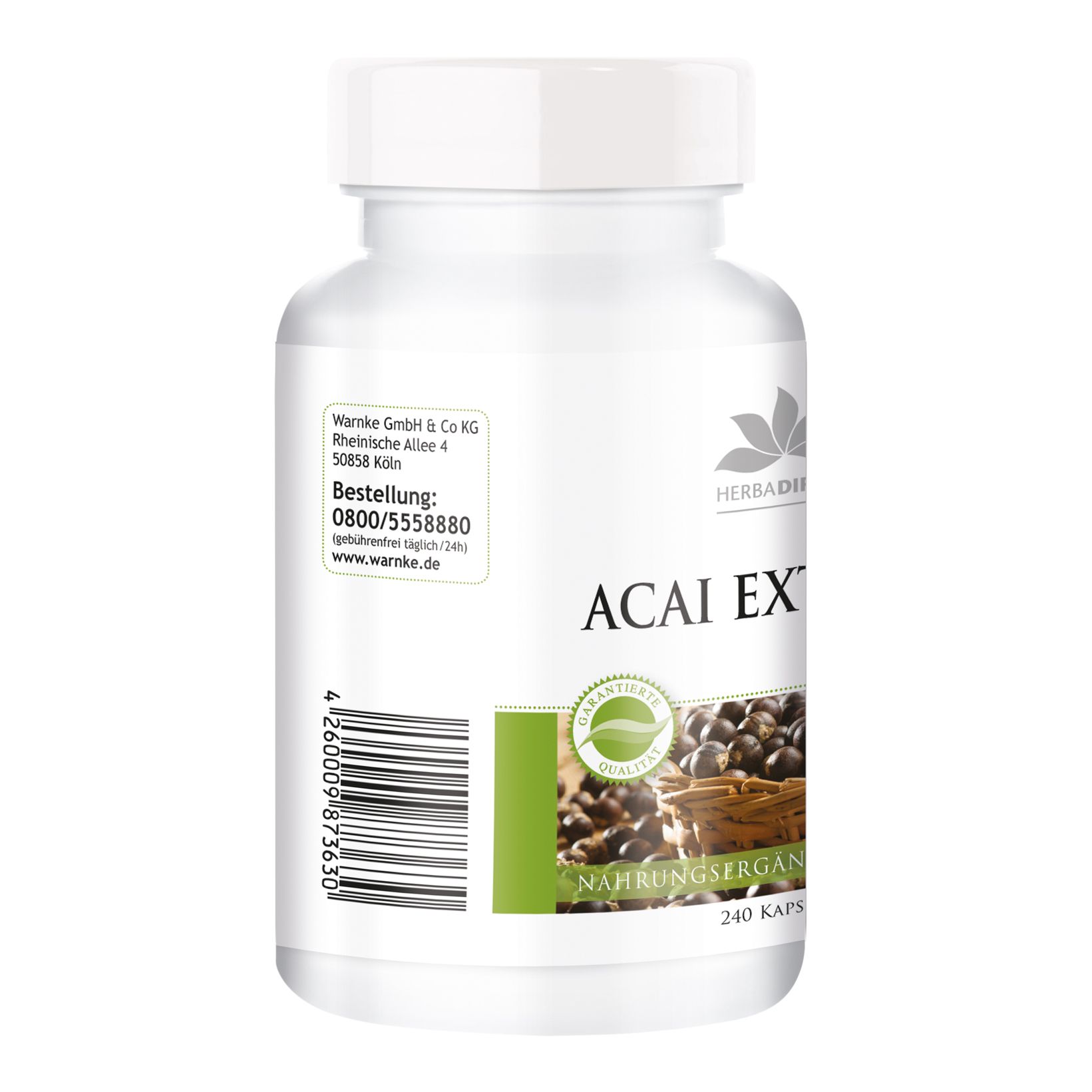 Rückseite der weißen Flasche. Aufschrift: Acai Extrakt, Herbadirekt, 240 Kapseln. Logo und Kontaktdaten von Warnke GmbH & Co KG. Siegel: Garantierte Qualität.