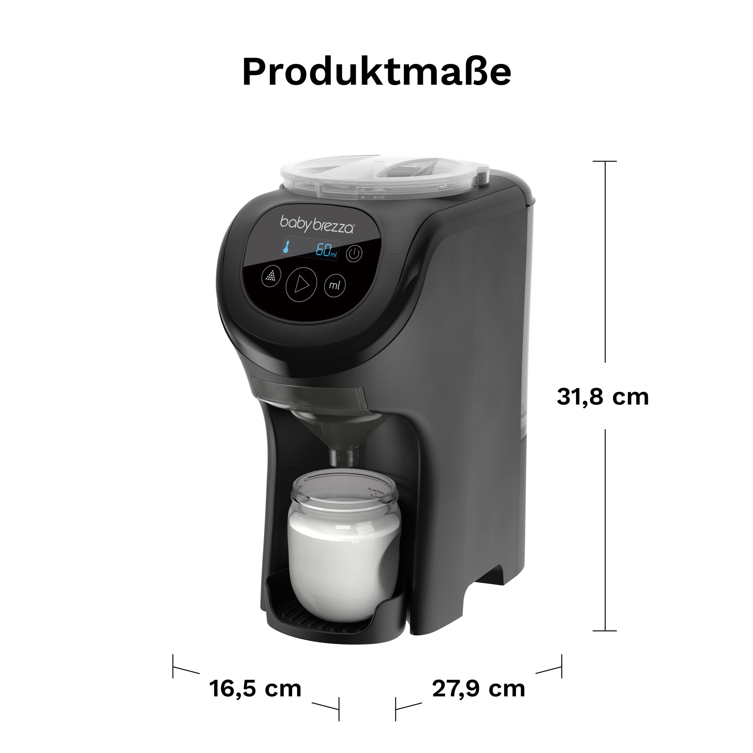 Baby Brezza Milchzubereiter mit Produktmaßen: 31,8cm H, 16,5cm B, 27,9cm T.