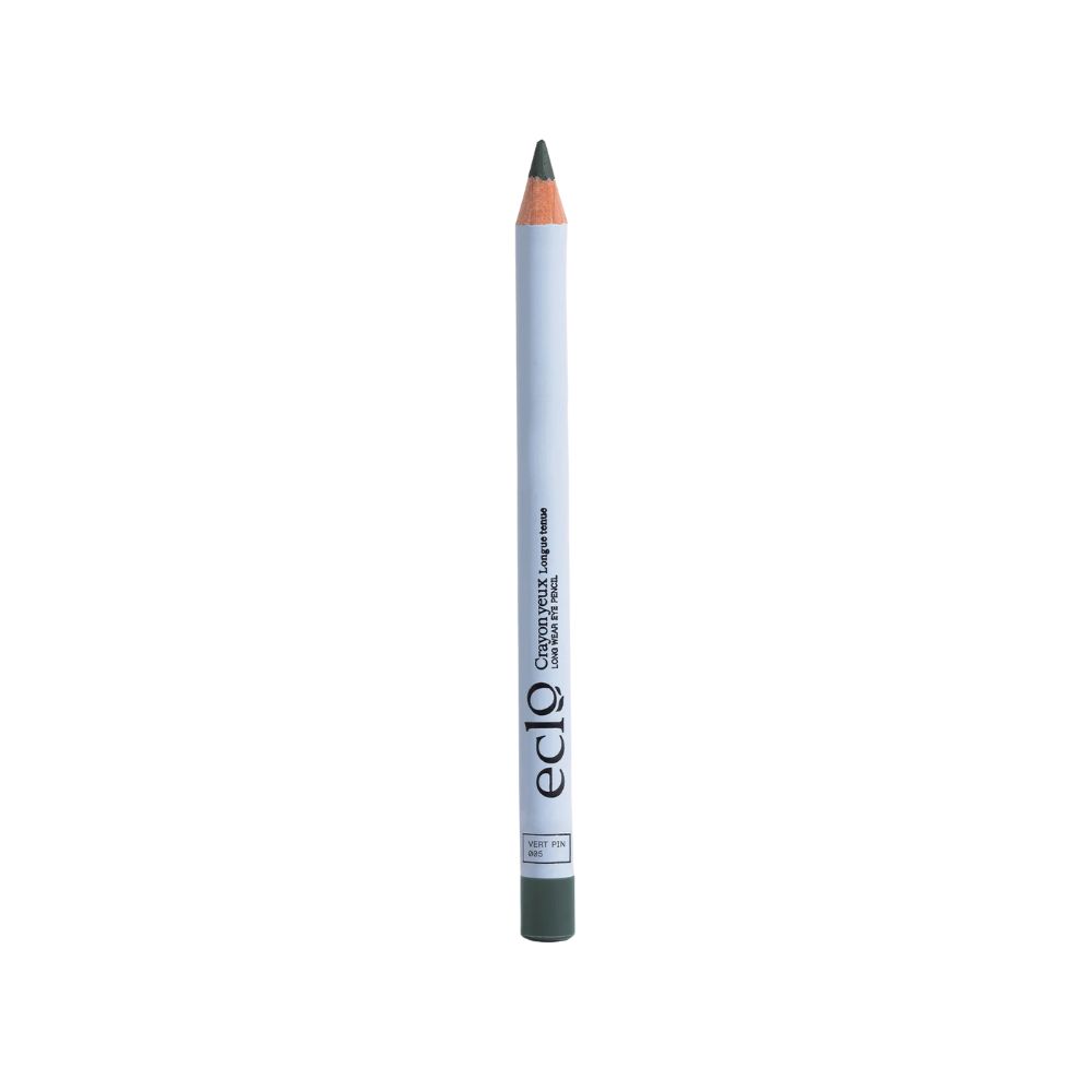 Eclo Eye Pencil. Grüner Kajalstift mit schwarzer Spitze. Weißer Stift mit schwarzer Schrift. Aufschrift: Crayon yeux, Longue tenue.