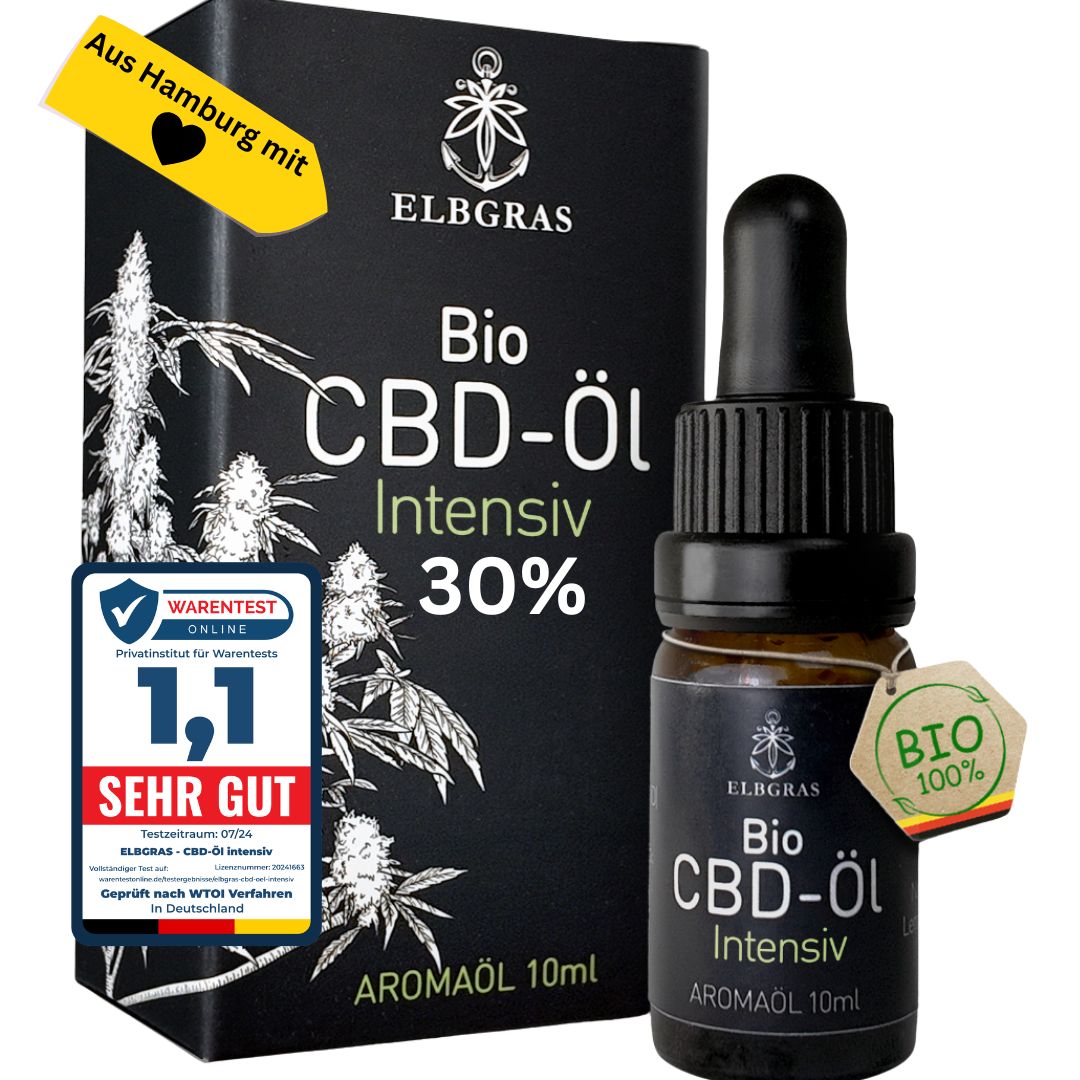 Braune Glasflasche und Karton mit Aufschrift Bio CBD-Öl Intensiv 30%. Siegel: Sehr Gut. Mit Tropfer und Bio-Siegel.