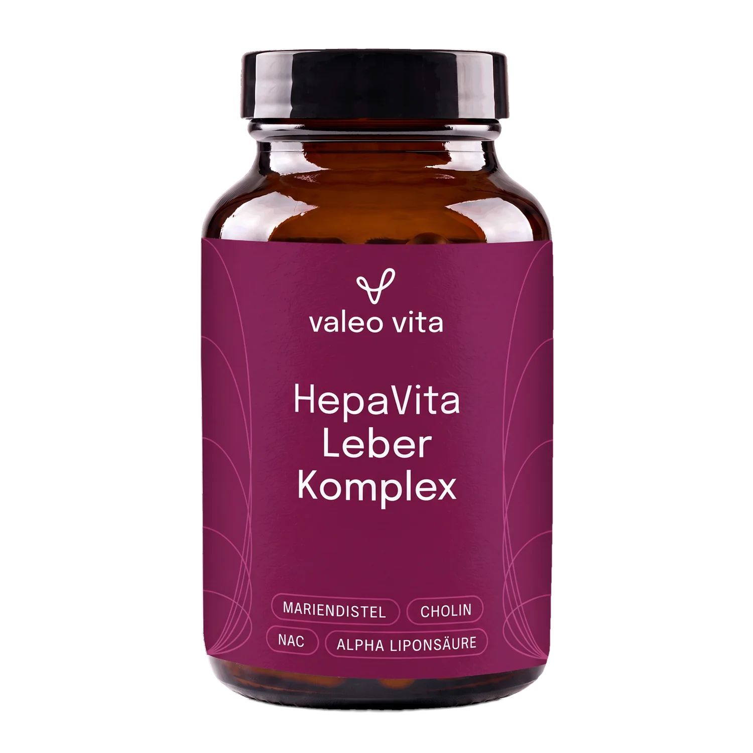 Eine braune Glasflasche mit dem Etikett Valeo Vita HepaVita Leber Komplex. Enthält Mariendistel, Cholin, NAC und Alpha-Liponsäure.