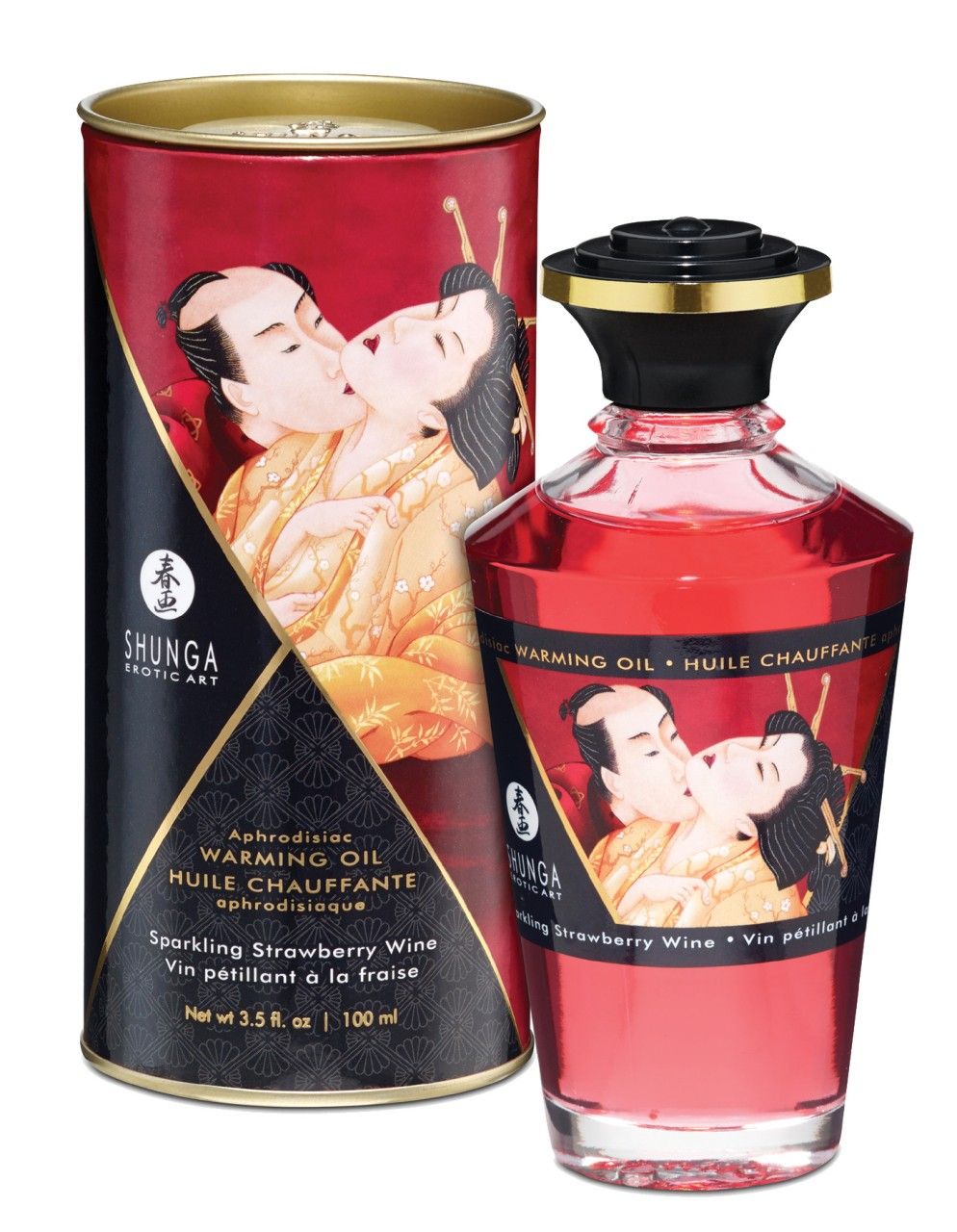 Rote Glasflasche und Dose mit Etiketten. Aufdruck: Shunga, Warming Oil, Erdbeer-Aroma. Abbildung: küssendes Paar.