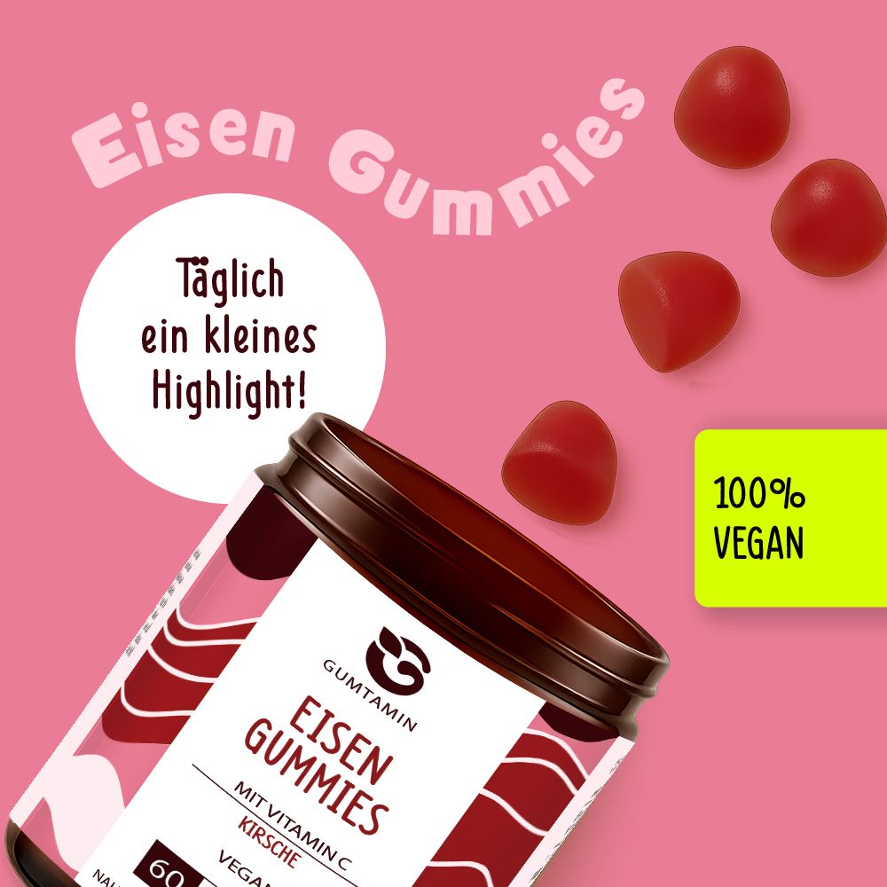 Dose Eisen Gummibärchen, daneben Gummibärchen. Text: Eisen Gummies, Kirsche, 60 Gummis, 100% Vegan. Täglich ein kleines Highlight!