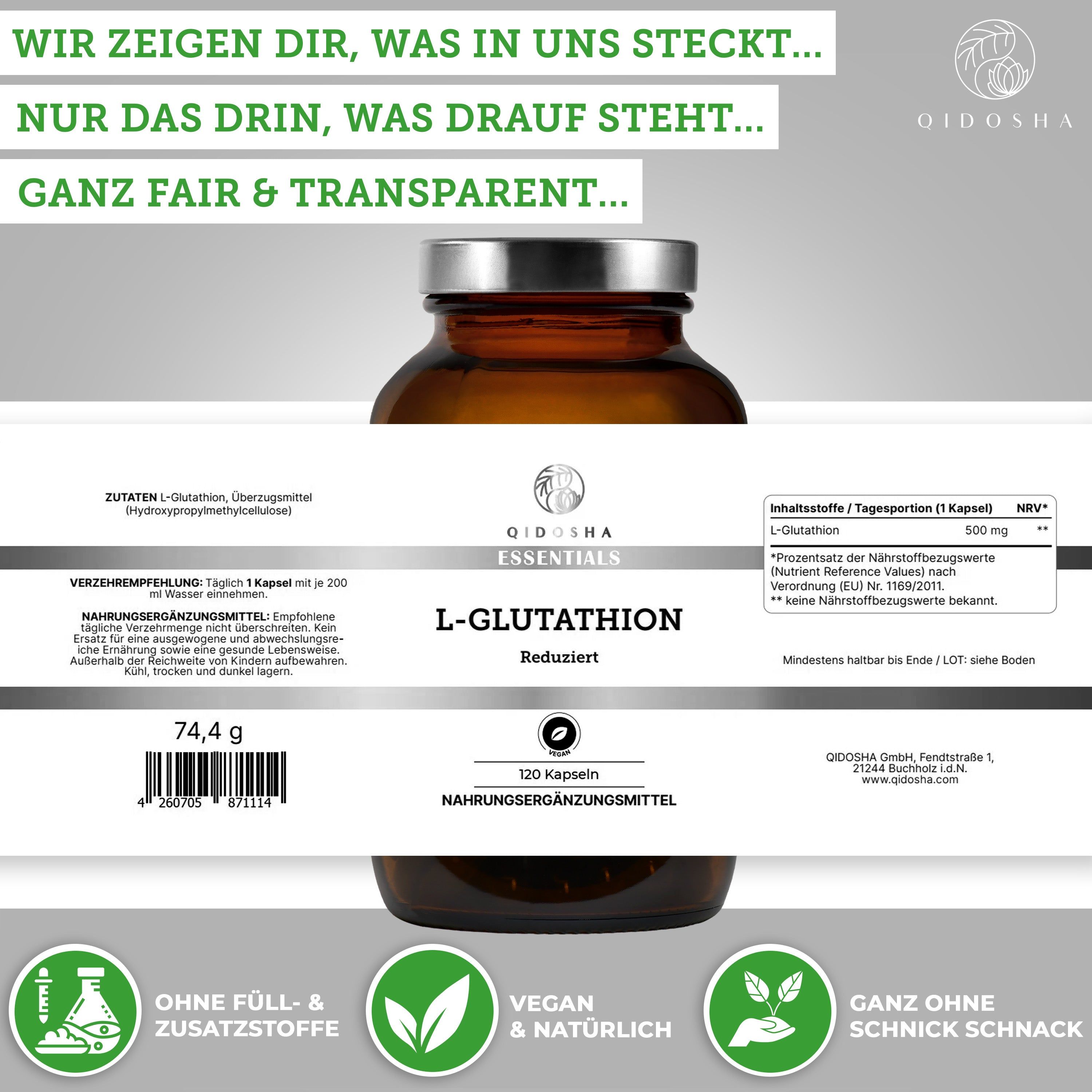 QIDOSHA L-Glutathion: Flasche mit 120 Kapseln. Transparente Angaben zu Zutaten und Nährwerten, 500mg pro Kapsel.