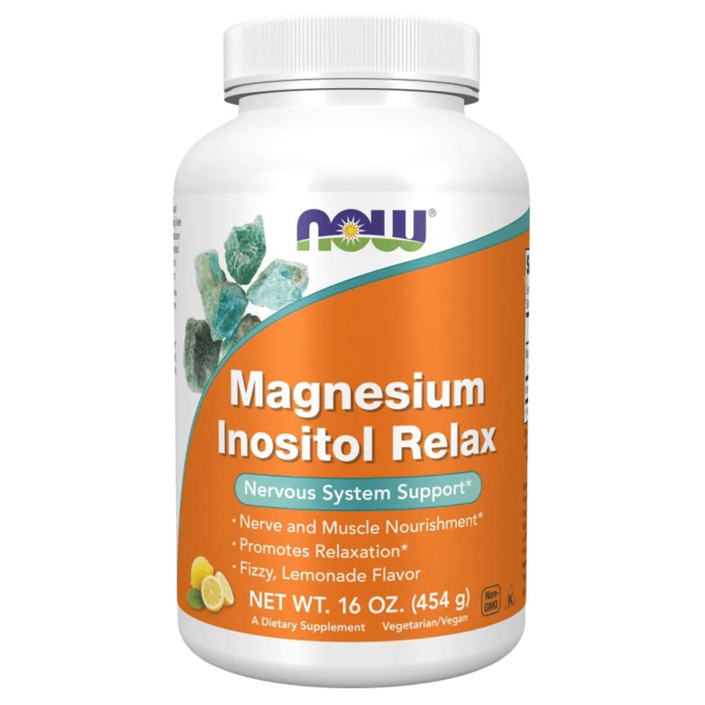 Weiße Flasche mit orangefarbenem Etikett. Aufschrift: Magnesium Inositol Relax. Enthält 454 g. Vegetarisch/Vegan.