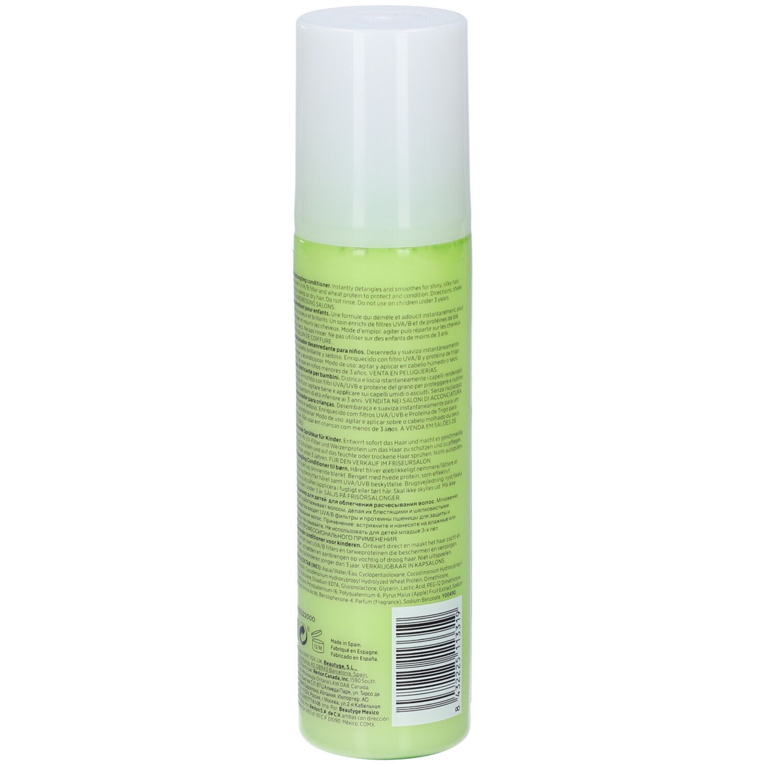 Grüne Flasche mit weißem Deckel. Rückseite mit Text und Barcode. Revlon Equave Kids Detangling Conditioner.