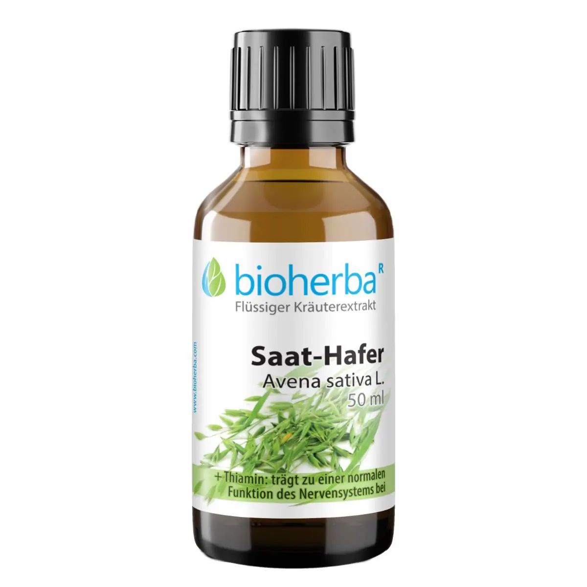 Braune Glasflasche mit schwarzem Deckel. "Bioherba" Logo und "Saat-Hafer Avena sativa L." Etikett. Kräuterabbildung.