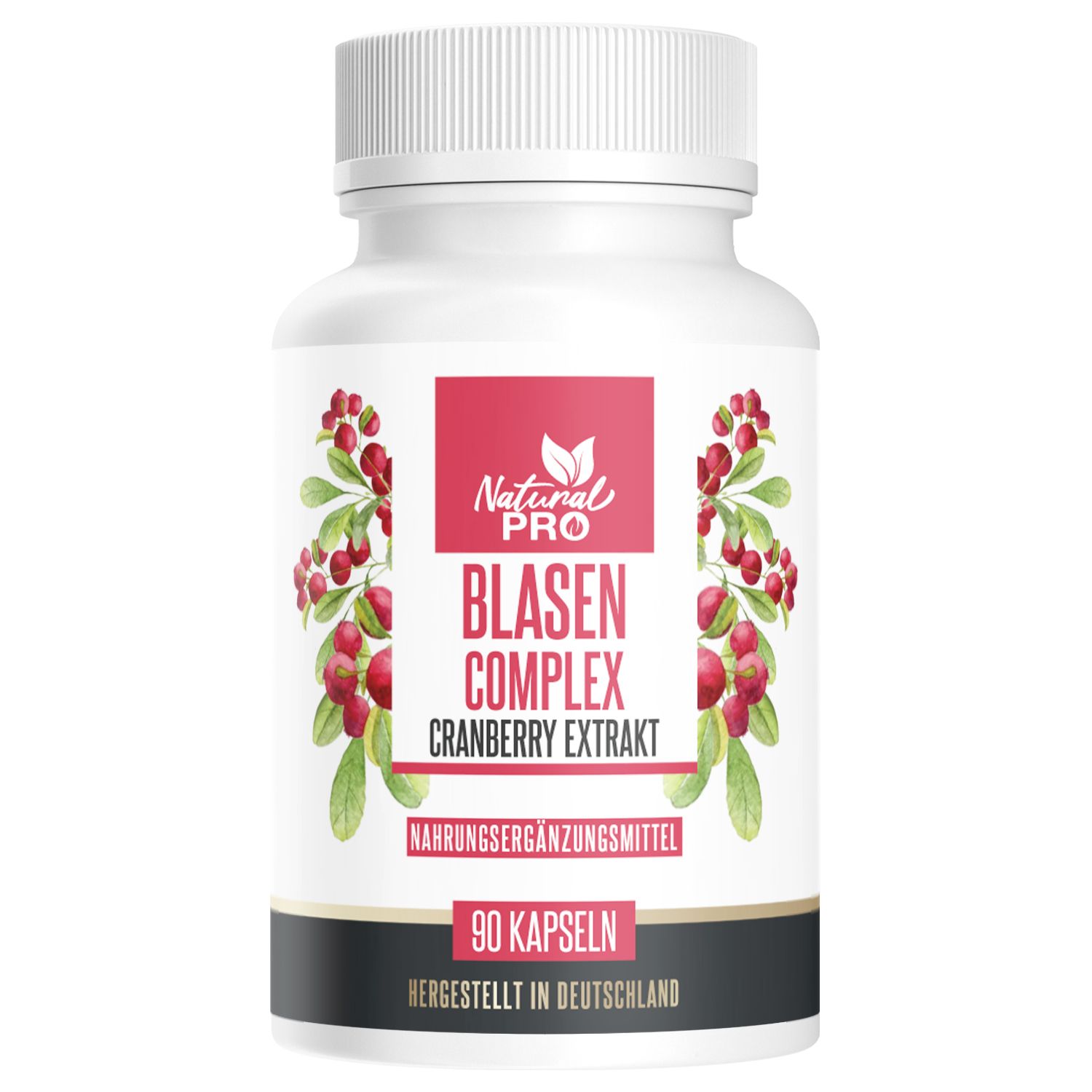 Weiße Flasche mit rotem Etikett. Aufschrift: Natural Pro Blasen Complex Cranberry Extrakt. 90 Kapseln.
