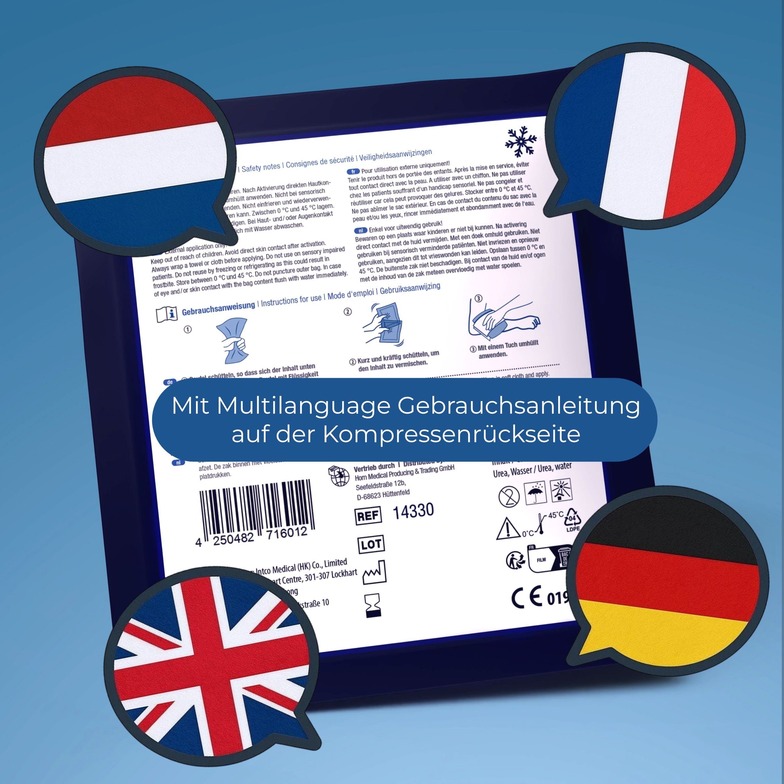 Rückseite einer Sofort-Kältekompresse mit mehrsprachiger Gebrauchsanleitung. Flaggen: UK, Niederlande, Frankreich, Deutschland. Text: Gebrauchsanleitung.