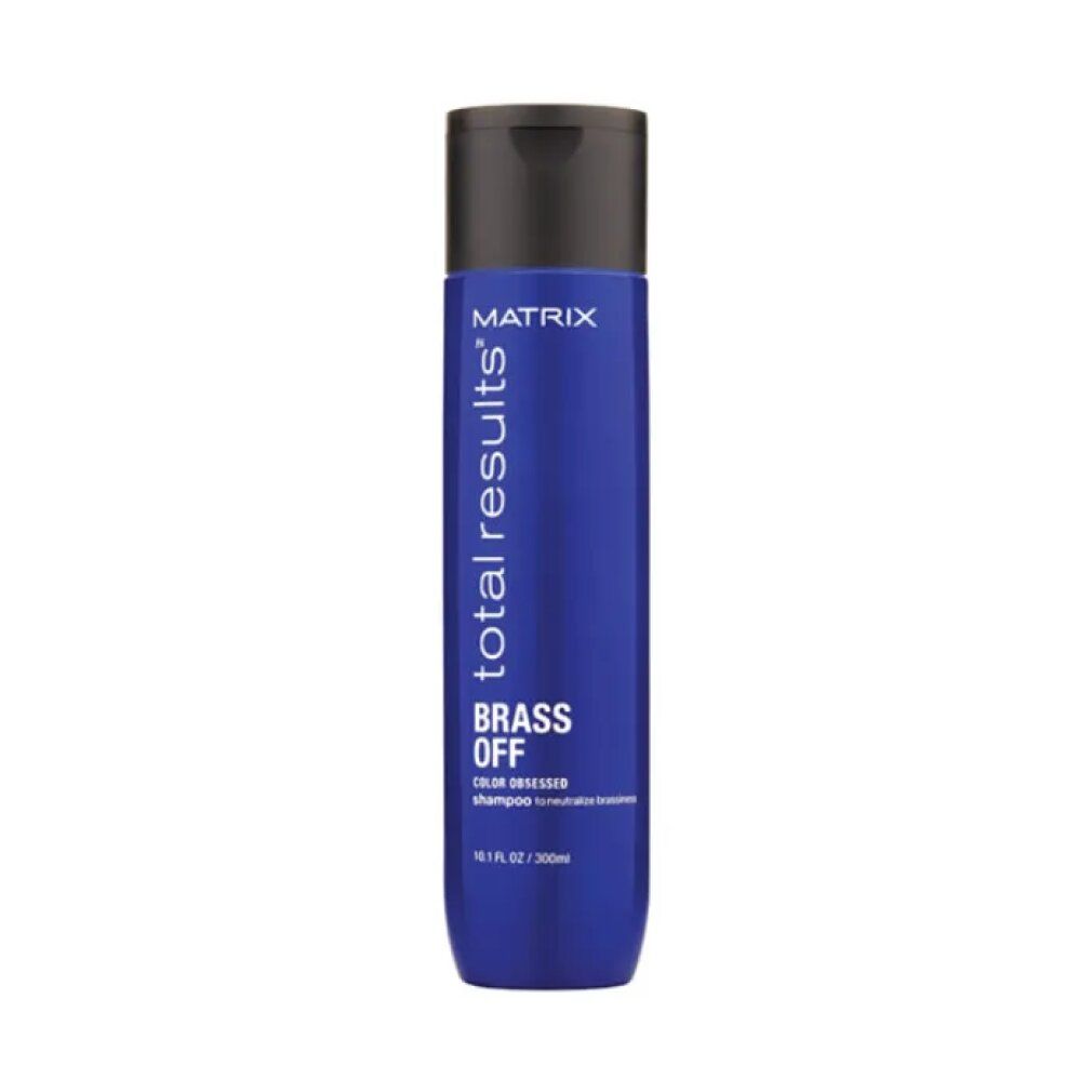 Blaue Shampoo-Flasche mit schwarzem Deckel. Aufschrift: MATRIX total results BRASS OFF. 300ml.