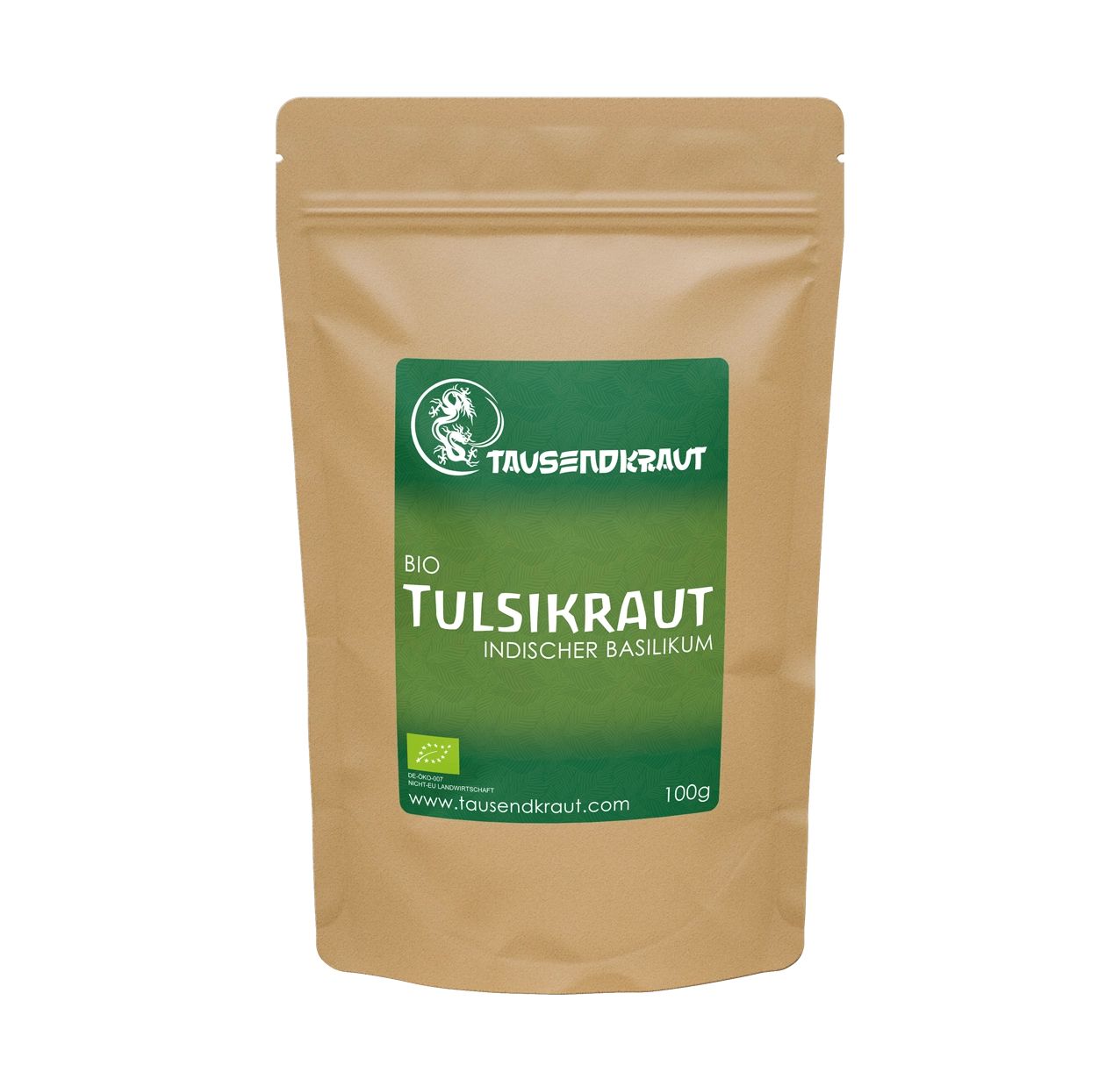 Beutel mit grünem Etikett. Aufschrift: Tulsikraut, Indischer Basilikum, BIO. Siegel: Bio-Logo. Braune Verpackung.