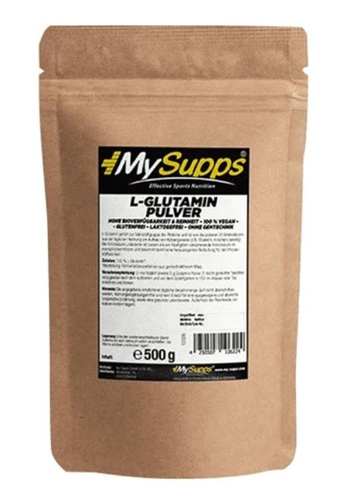 Beutel mit L-Glutamin Pulver. Braune Verpackung mit schwarzem Etikett. Aufschrift: MySupps, L-Glutamin Pulver, 500g.
