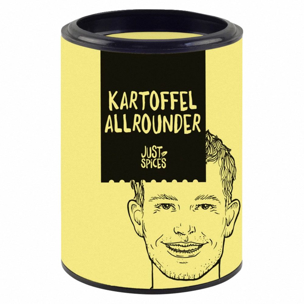 Gelbe Dose mit schwarzem Deckel. Aufschrift: Kartoffel Allrounder. Logo: Just Spices. Gesicht eines Mannes.