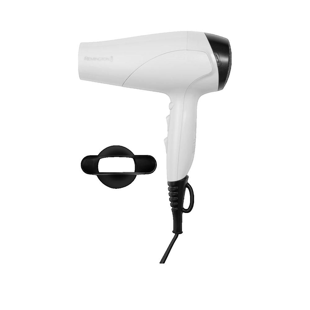 Weißer Haartrockner mit schwarzem Aufsatz und Griff. Separater schwarzer Aufsatz.