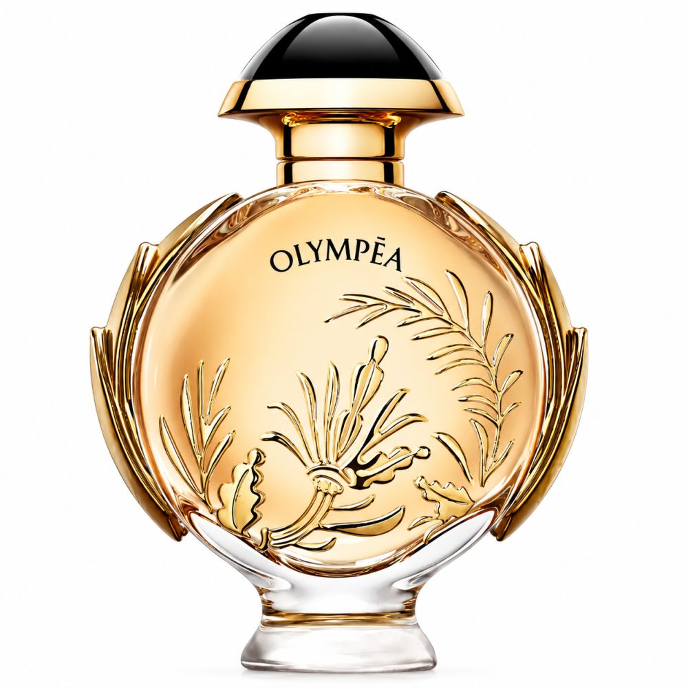Goldener Paco Rabanne Olympéa Solar Eau de Parfum Flakon mit Blattdekor und schwarzem Verschluss.