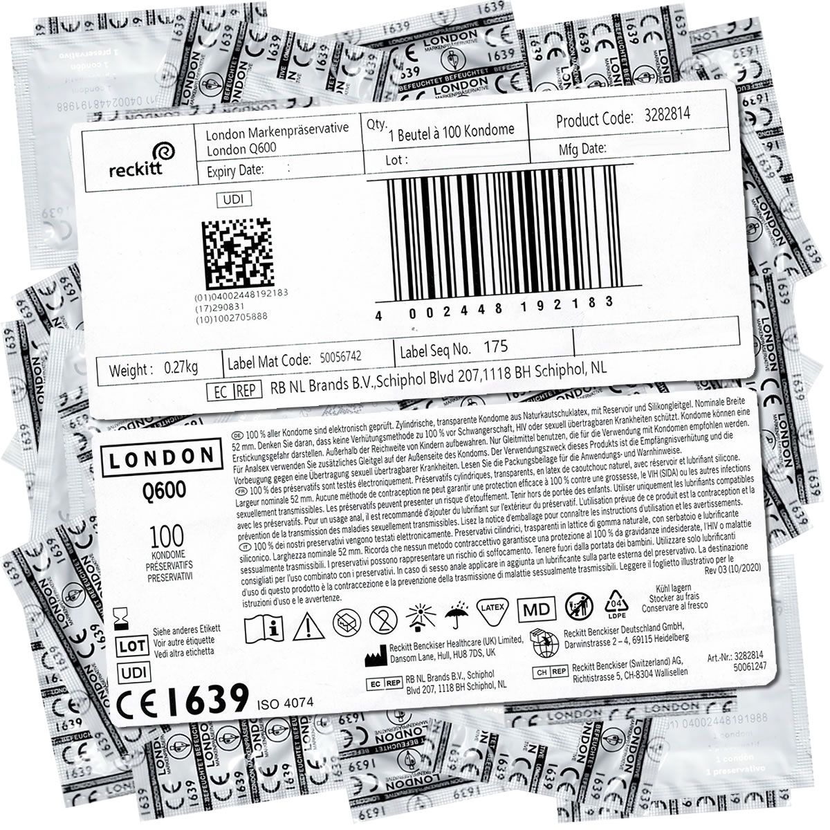 Verpackung mit Kondomen. Aufschrift: London Q600, 100 Kondome. Barcode und weitere Informationen.