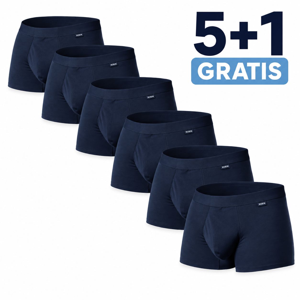 Sechs dunkelblaue Robin Inkontinenz-Boxershorts, gestapelt. "5+1 GRATIS" Aufdruck.