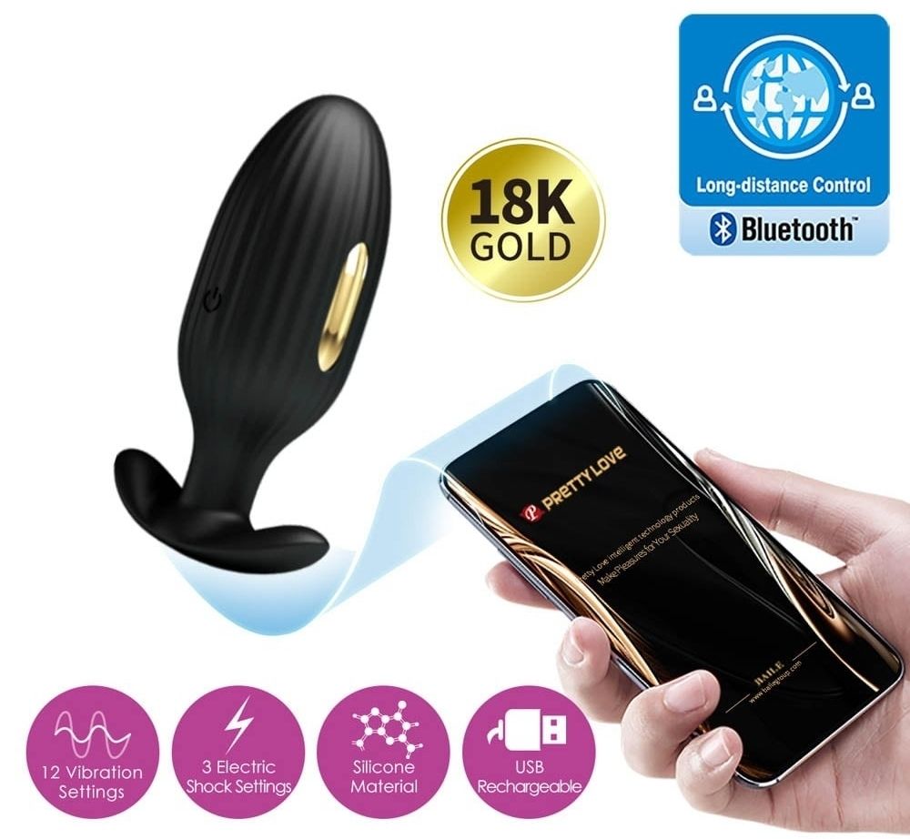 Schwarzer Plug mit goldfarbenem Akzent. Smartphone mit App-Oberfläche. Text: 18K Gold. Bluetooth-Logo.