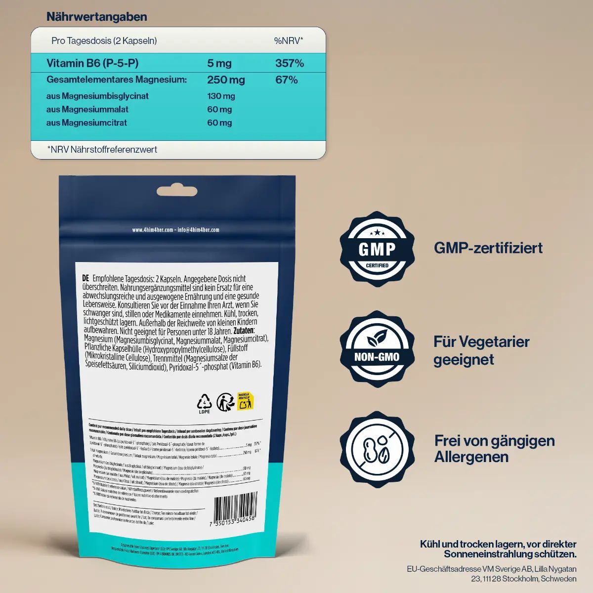 4 HIM & HER Magnesium Glycinat – 250 mg – 4-in-1 Komplex mit B6