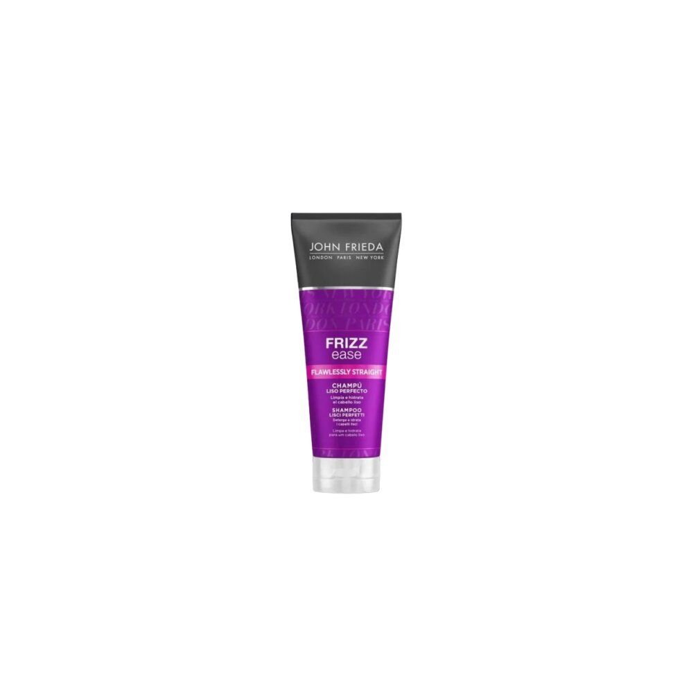 Violette Tube mit schwarzem Deckel. Schriftzug: John Frieda, Frizz Ease, Flawlessly Straight Shampoo. Enthält Keratin & Jojobaöl.