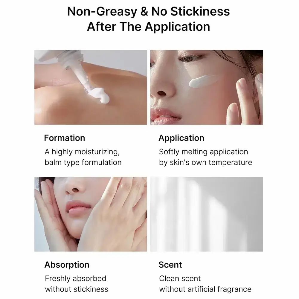Vier Bilder zeigen: Creme-Formulierung, Anwendung, Absorption und Duft. Text: Non-Greasy & No Stickiness After The Application.