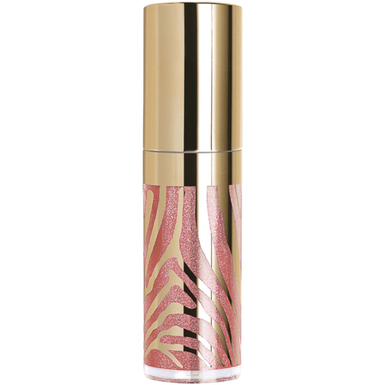Lipgloss-Tube mit goldfarbenem Deckel und Zebra-Muster. Der Behälter ist mit rosa Glitzer gefüllt.