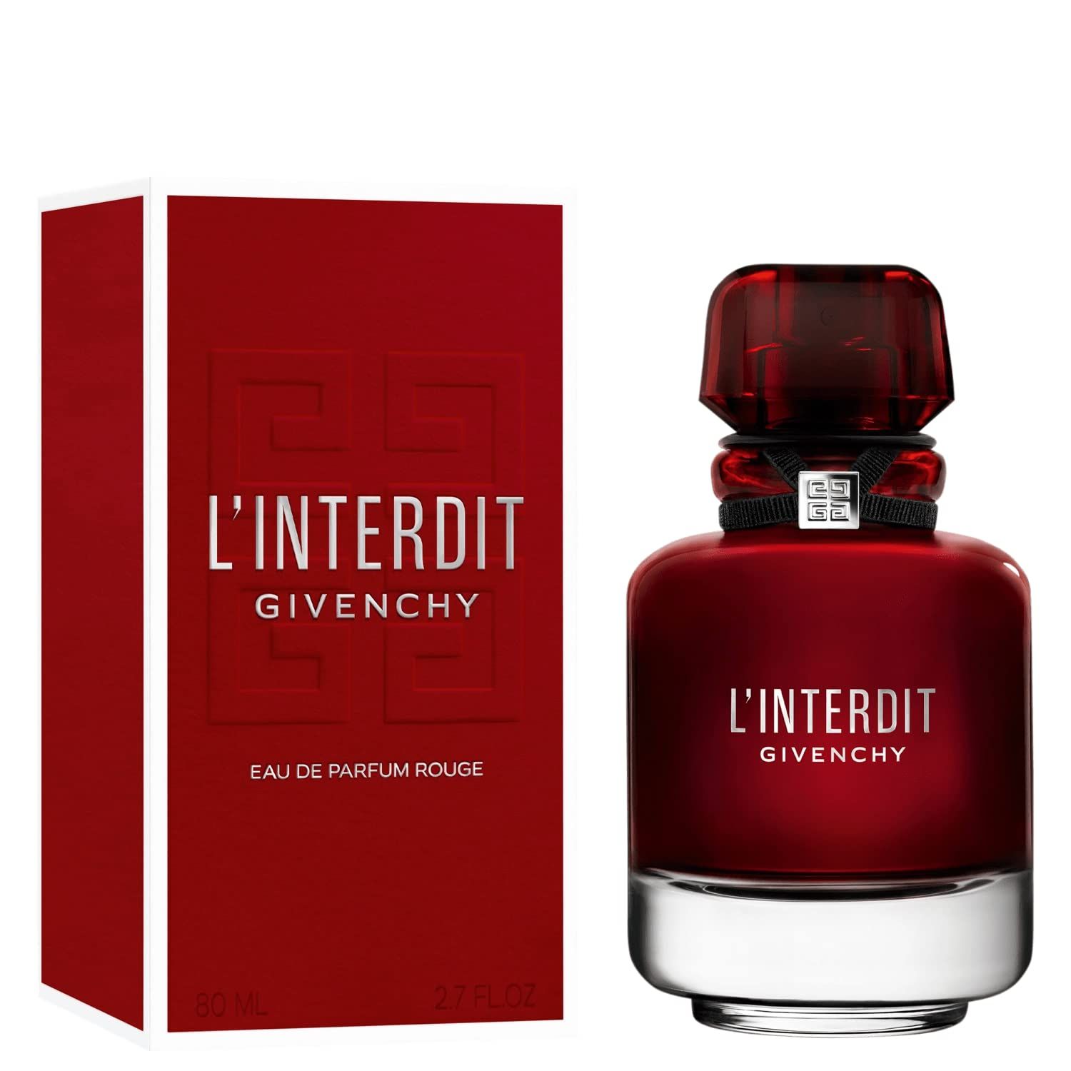 Roter Flakon und Verpackung. Flakon mit schwarzem Band und rotem Verschluss. Text: L'Interdit Givenchy.