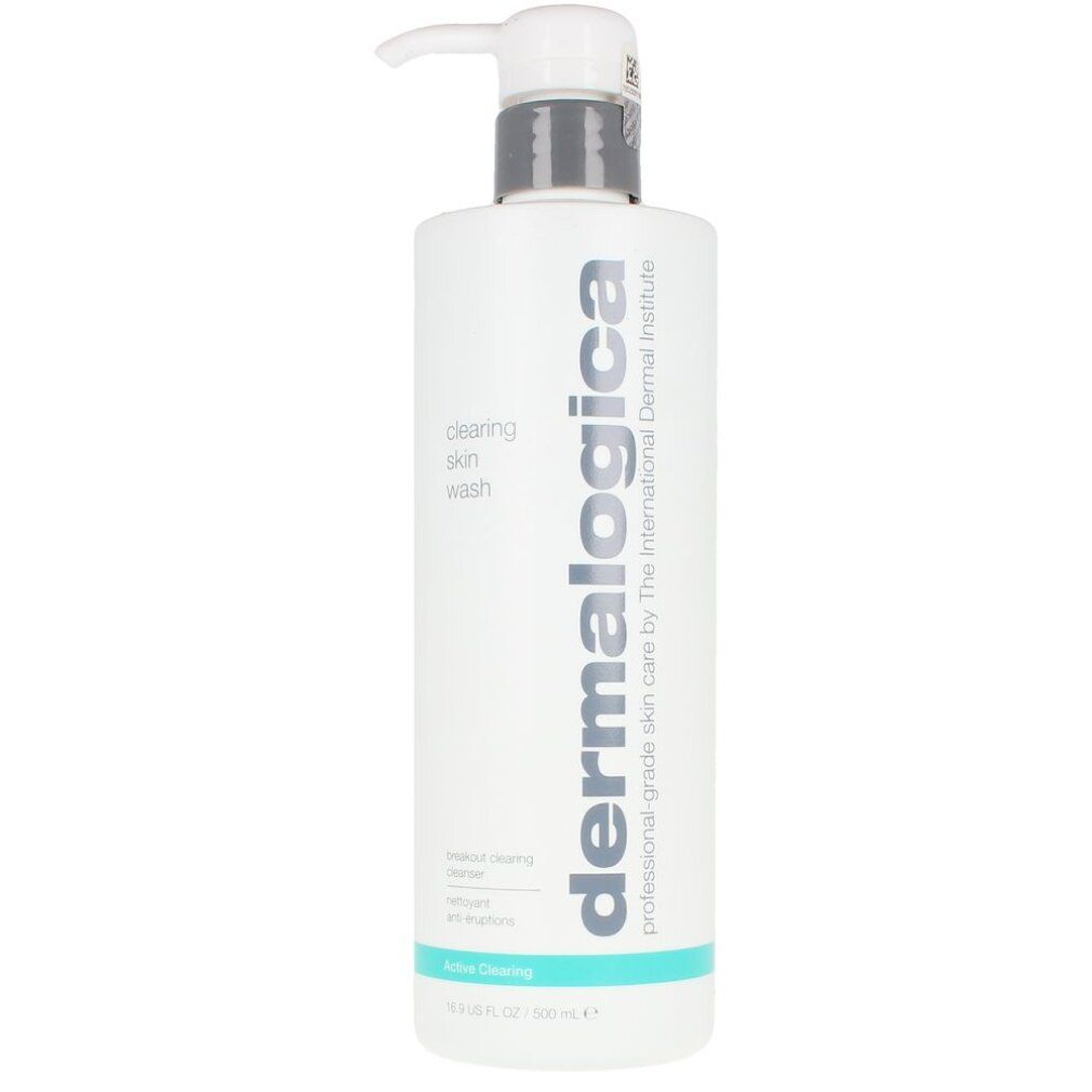Weiße Flasche mit Pumpe. Aufschrift: clearing skin wash und Dermalogica. Türkisfarbener Streifen mit Active Clearing.