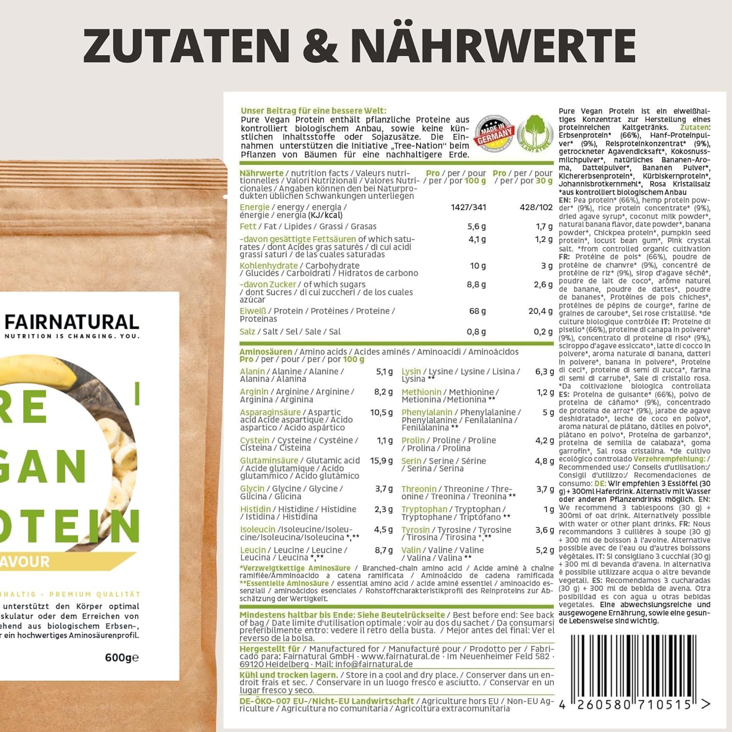 Beutel mit Pure Vegan Protein, Bananengeschmack. Text: Zutaten & Nährwerte. Tabelle mit Nährwertangaben. Bio-Siegel, 600g, Mindestens haltbar bis.