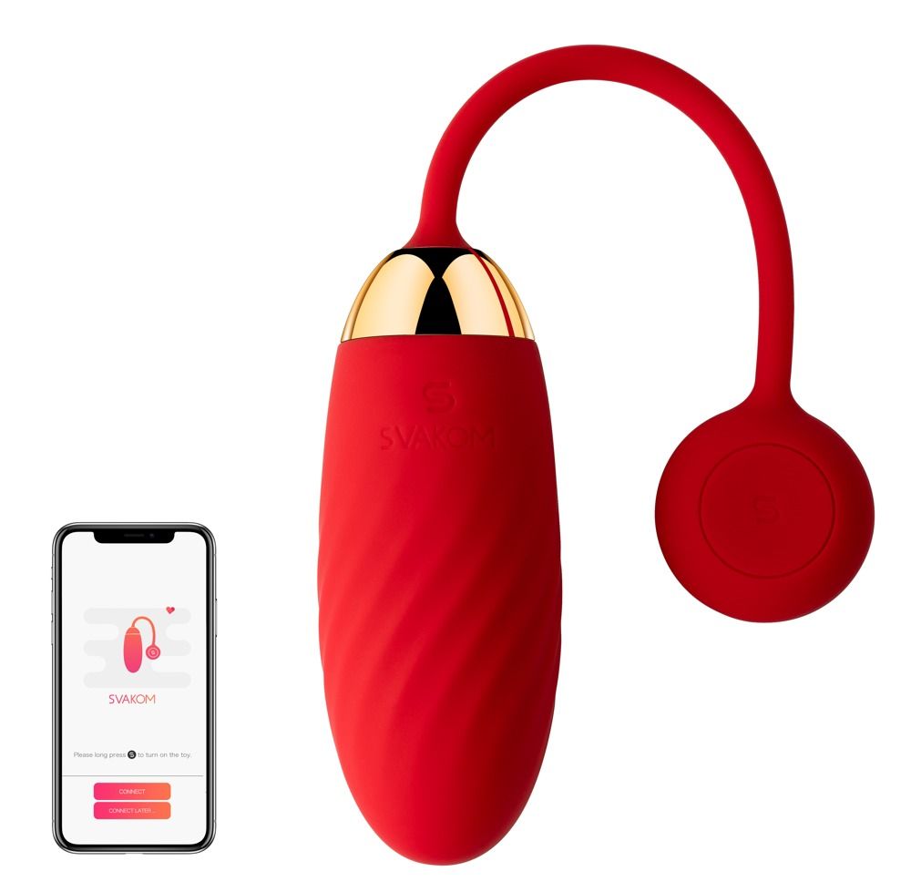 Roter Vibrator, App-Anzeige. SVAKOM-Logo. Produktname ELLA.