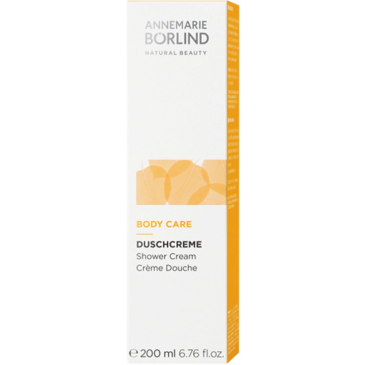 Hohe, rechteckige Verpackung. Aufschrift: ANNEMARIE BÖRLIND, BODY CARE, DUSCHCREME. Gelbes Logo.