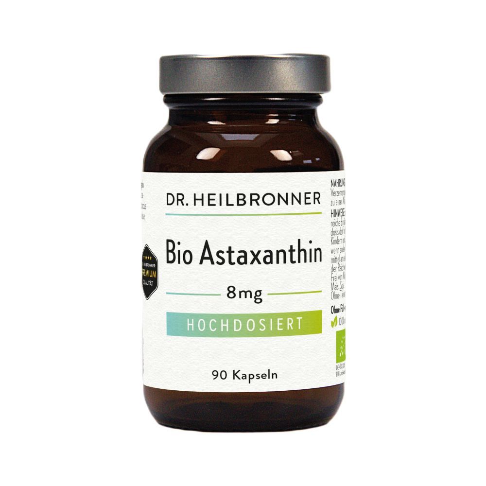 Braune Glasflasche mit Kapseln. Aufschrift: Bio Astaxanthin 8mg, hochdosiert, 90 Kapseln. Siegel: Bio, Vegan.