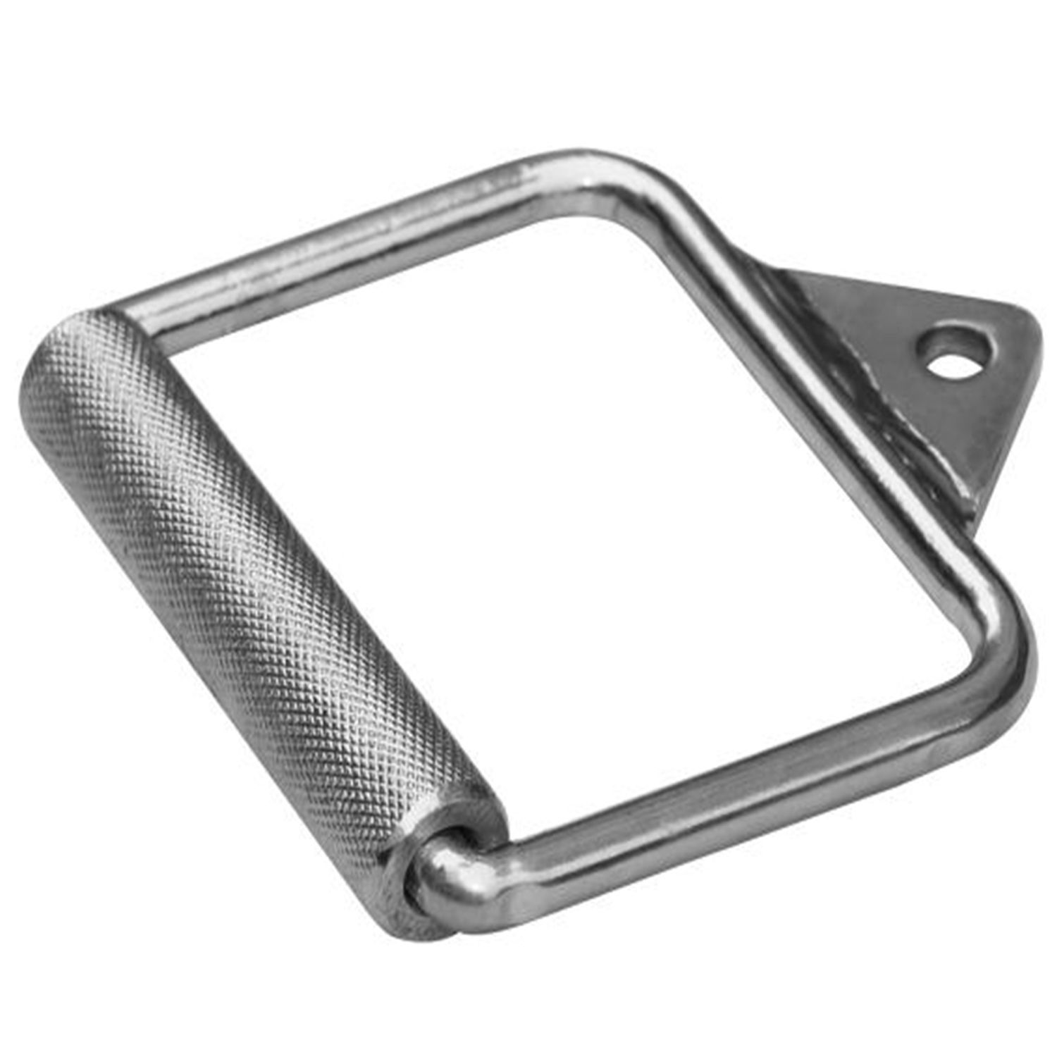 Kurzer Einhandgriff aus Metall. Mit geriffelter Griffstange und dreieckiger Halterung mit Loch.