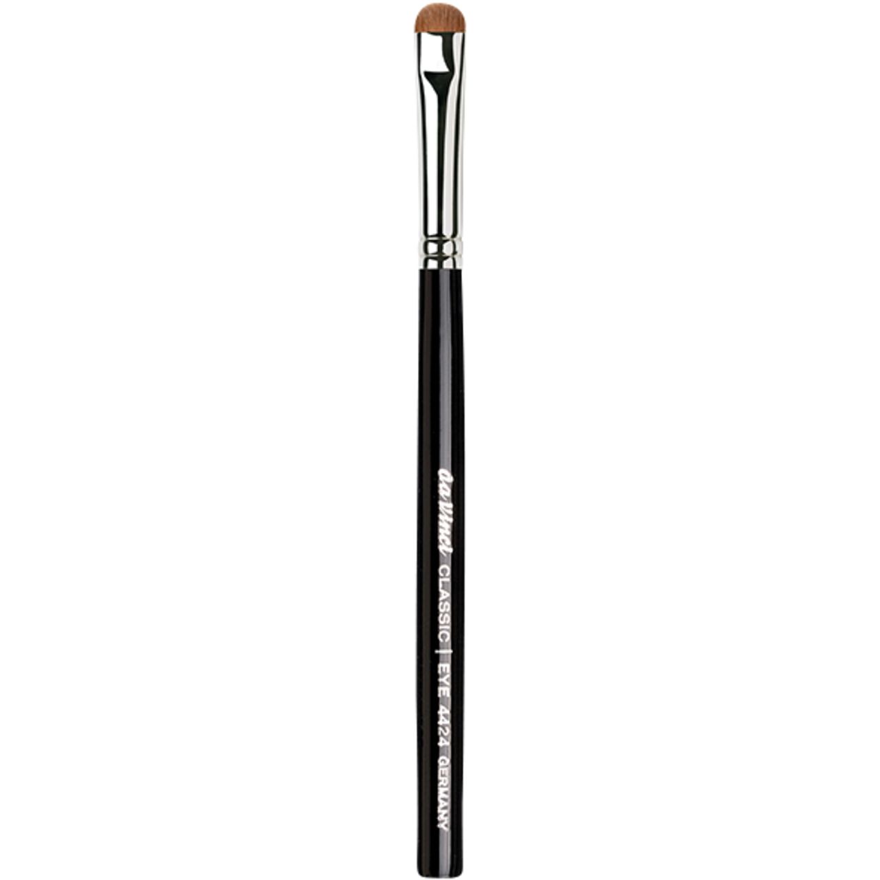 Augenpinsel mit brauner Spitze, schwarzem Griff und silberner Zwinge. Aufschrift: Da Vinci CLASSIC EYE 4424 GERMANY.
