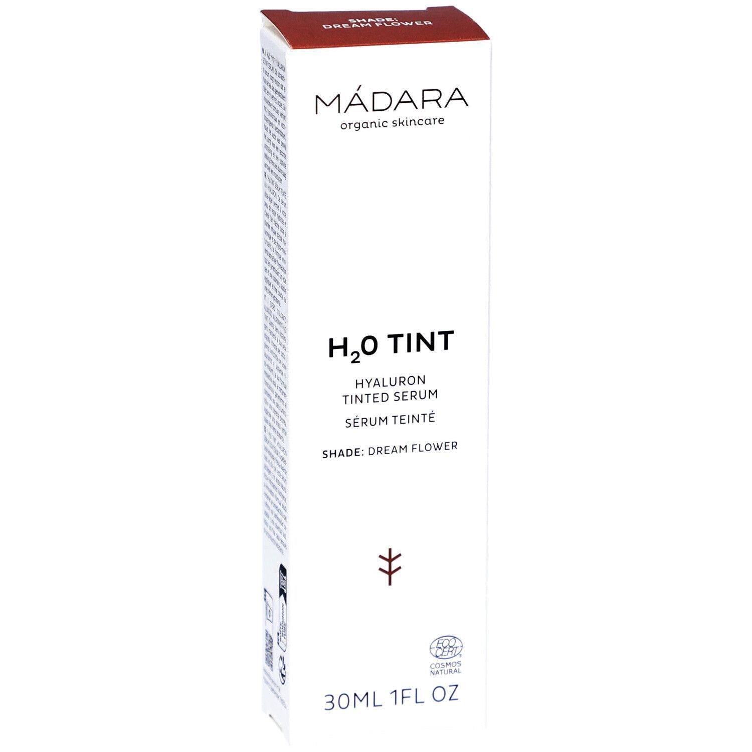 Weiße Verpackung mit Produktnamen und -details. H2O Tint Hyaluron getöntes Serum. Dream Flower Farbton. 30ml. Zertifizierung.