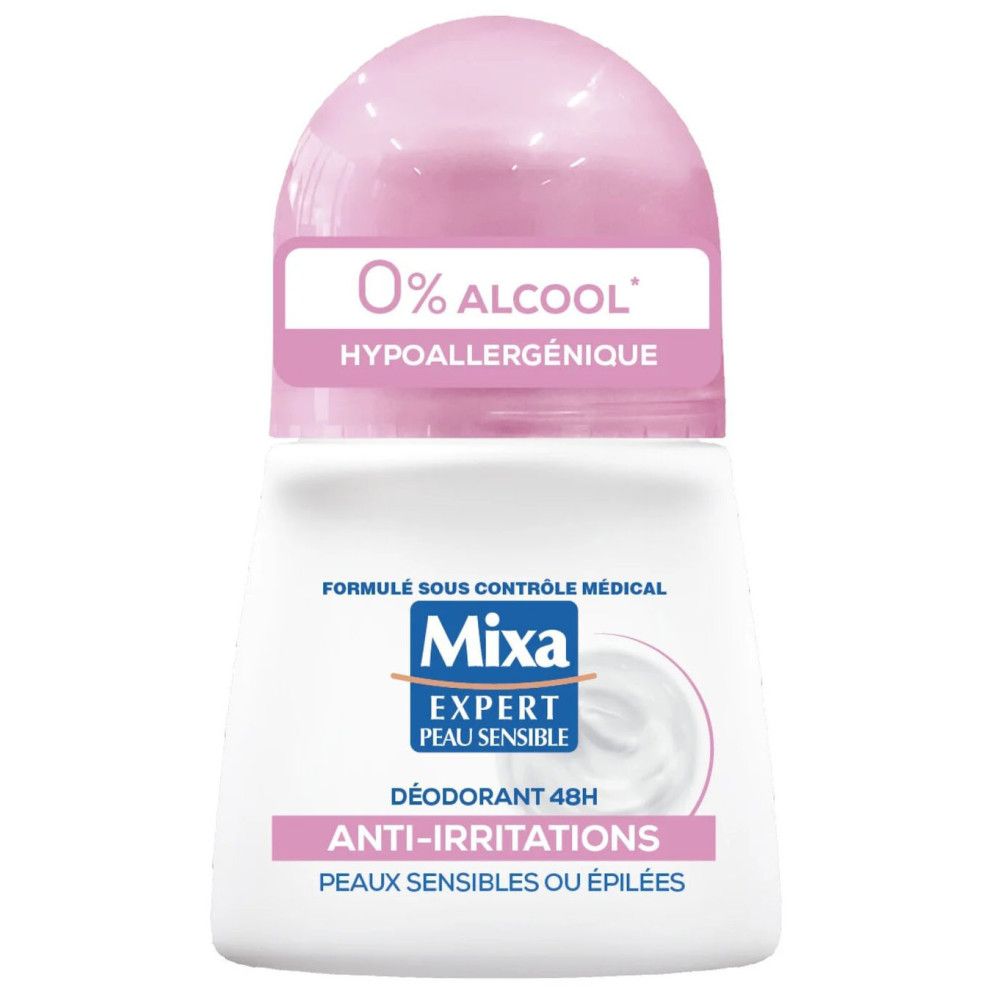 Deodorant-Roller von Mixa. Weißes Gehäuse mit rosa Kappe. Aufschrift: 0% Alkohol, hypoallergen, Anti-Irritationen, für empfindliche Haut.