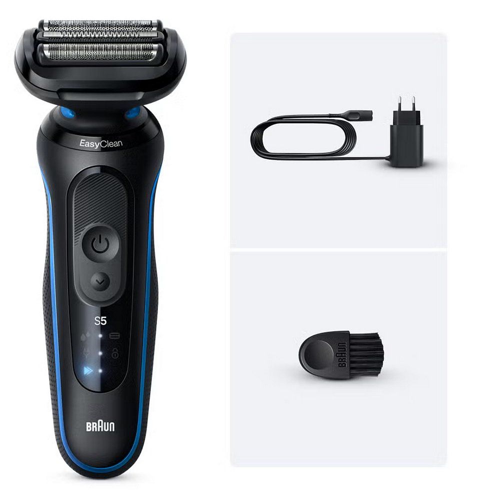 Braun Series 5 Rasierer mit Ladekabel, Netzteil und Reinigungsbürste.